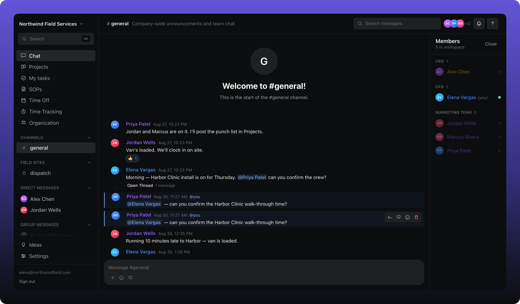 An Aiome workspace: the sidebar on the left, a chat channel in the middle, and the member list on the right.