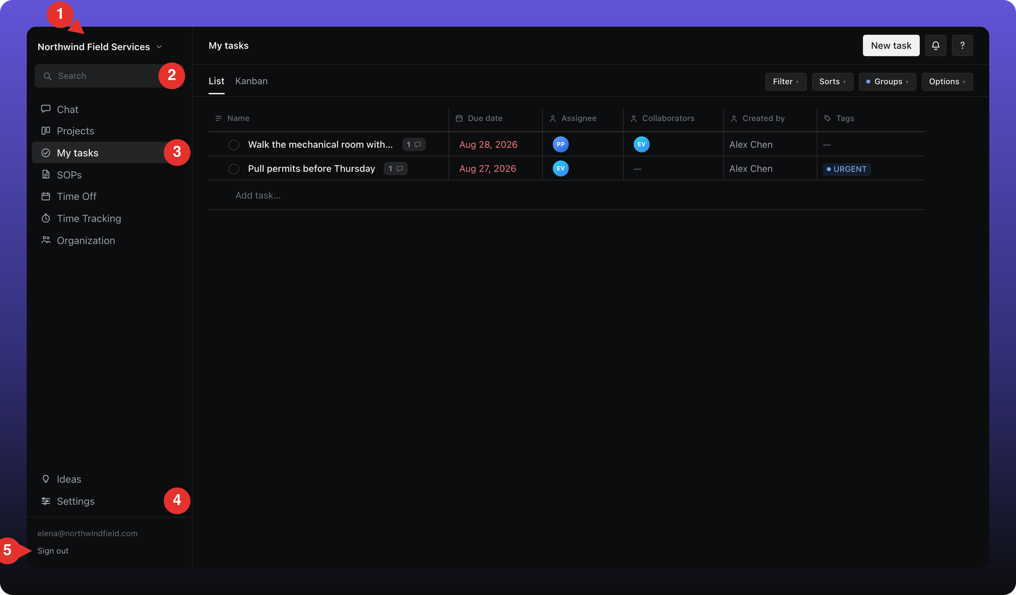The Aiome sidebar, numbered: the workspace name, Search, the section list, Settings, and Sign out in the footer.