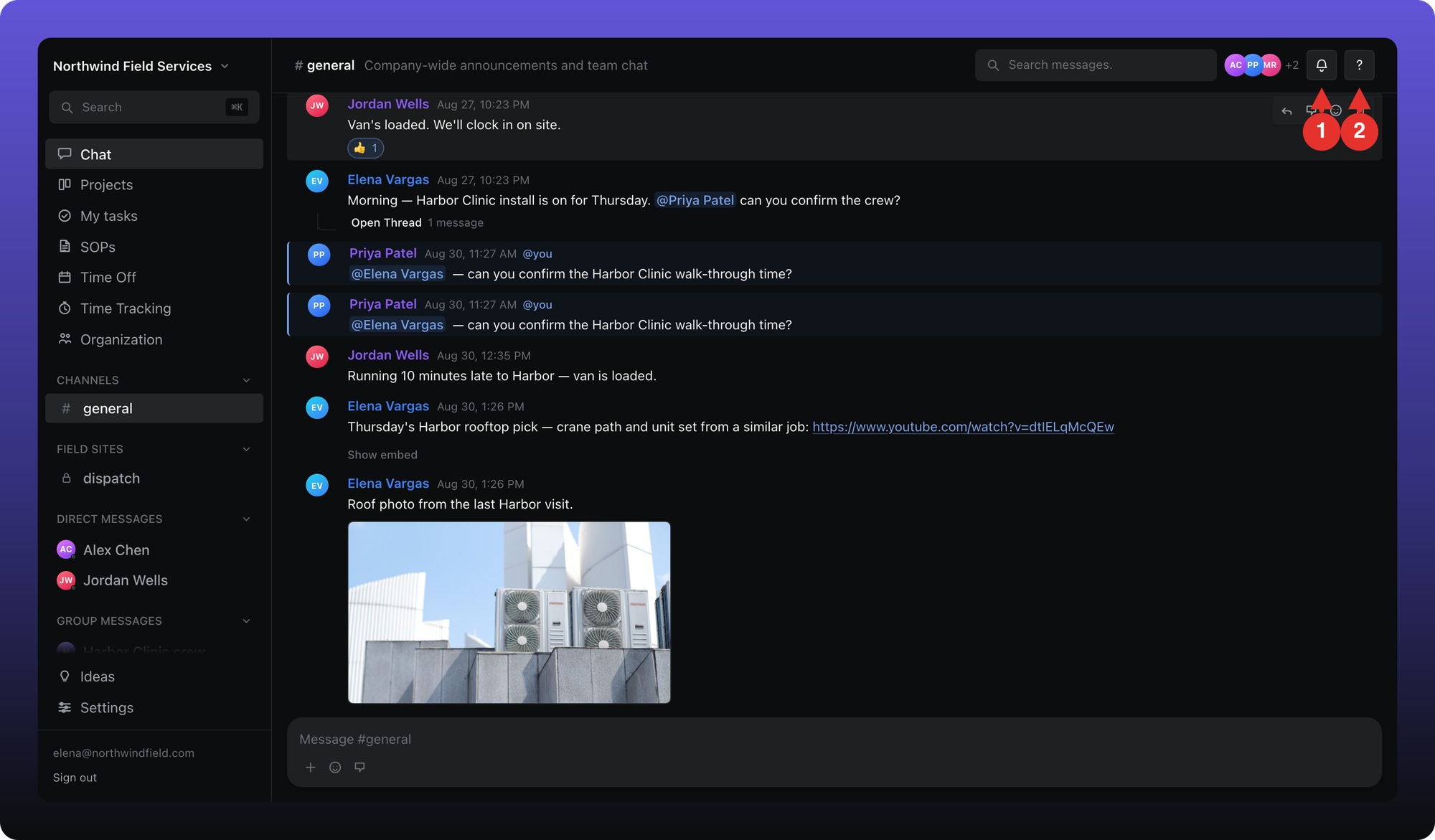 The top bar of Aiome, with the notifications bell and the Help Center question mark marked.
