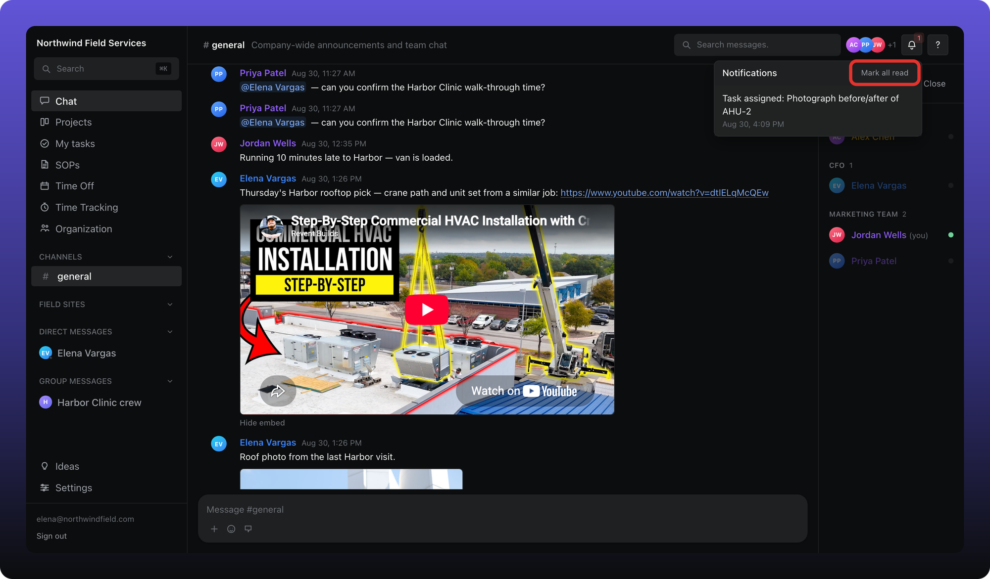 Open notifications panel with Mark all read visible