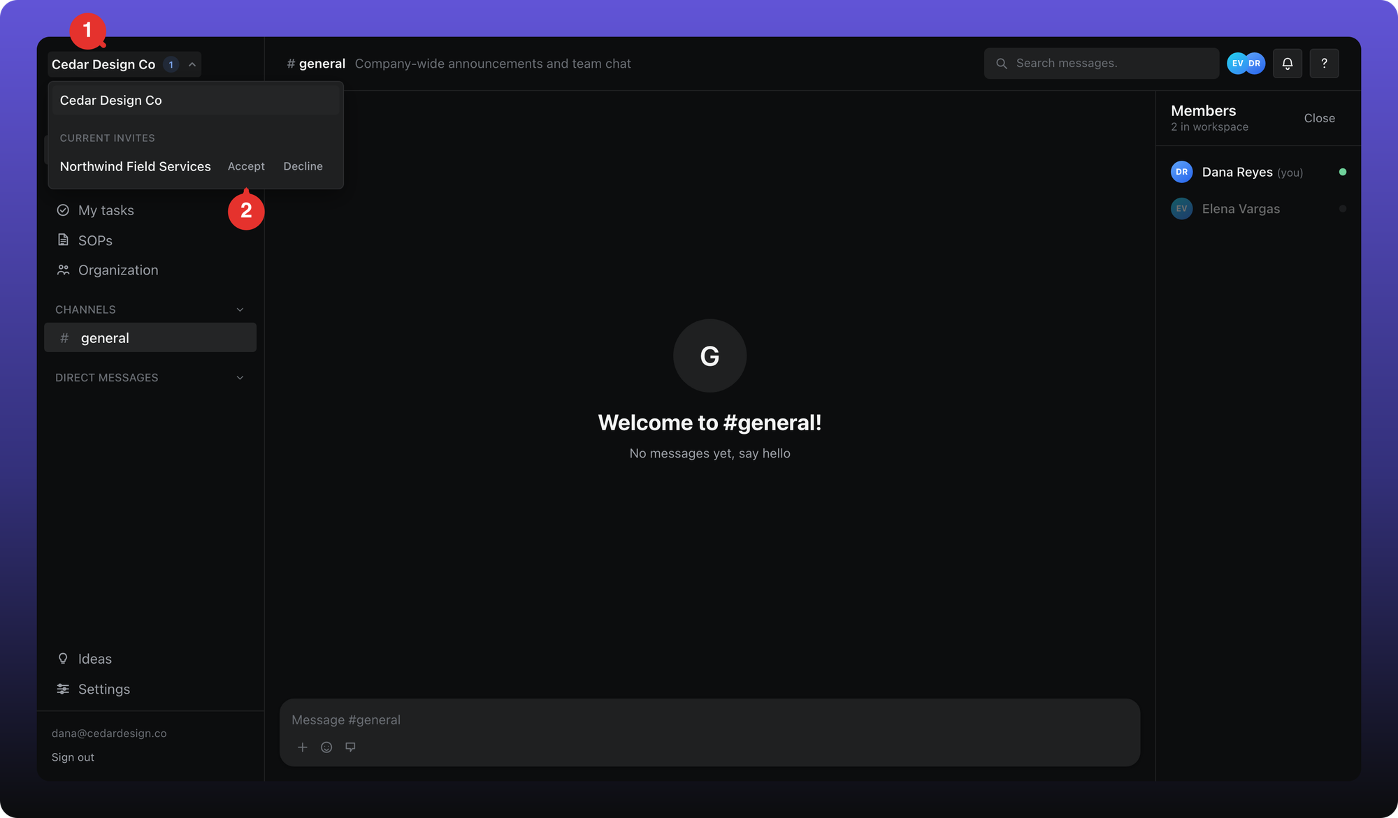 The workspace menu with a pending invitation under Current Invites, showing Accept and Decline.