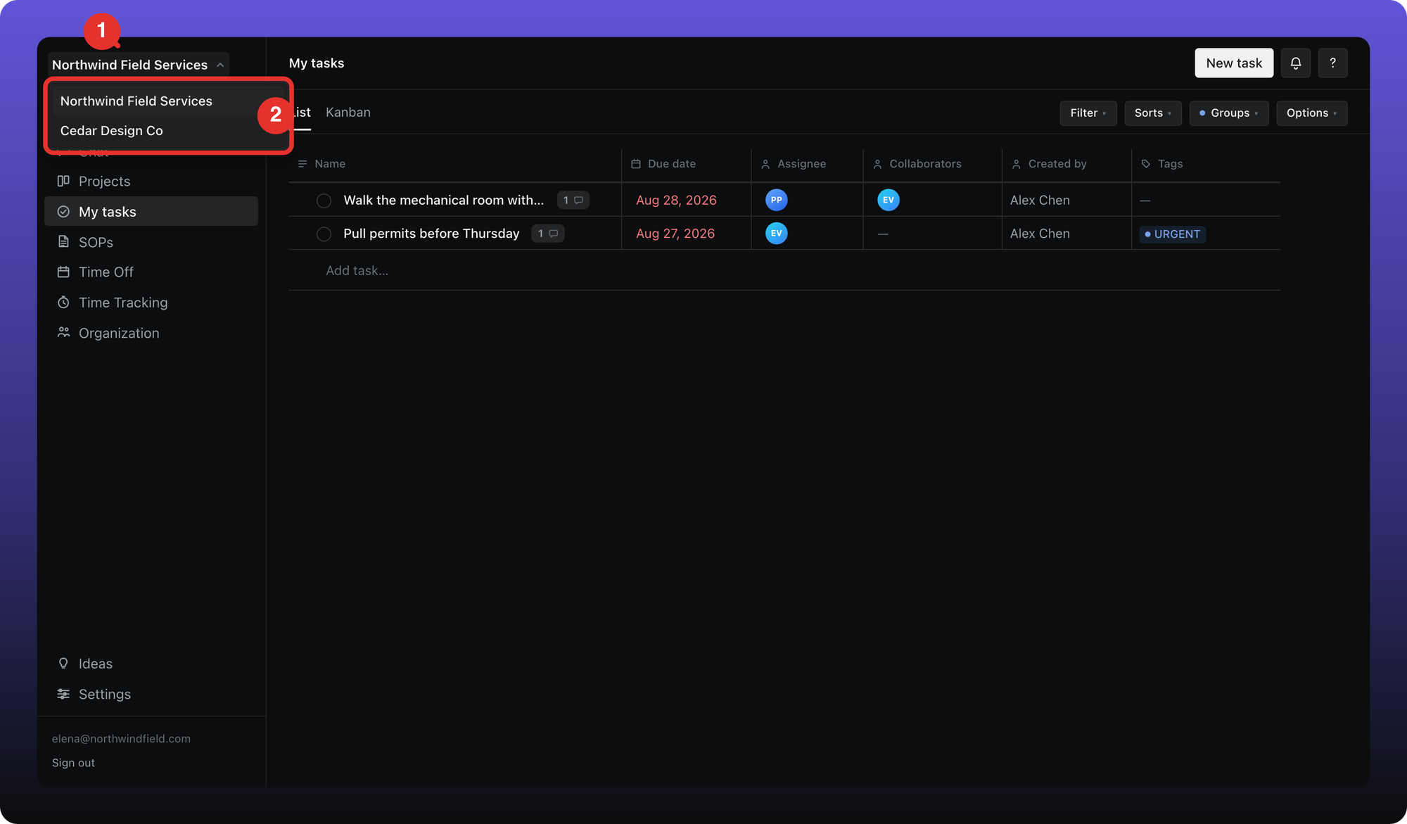 The workspace menu open at the top of the Aiome sidebar, listing two workspaces with the current one highlighted.