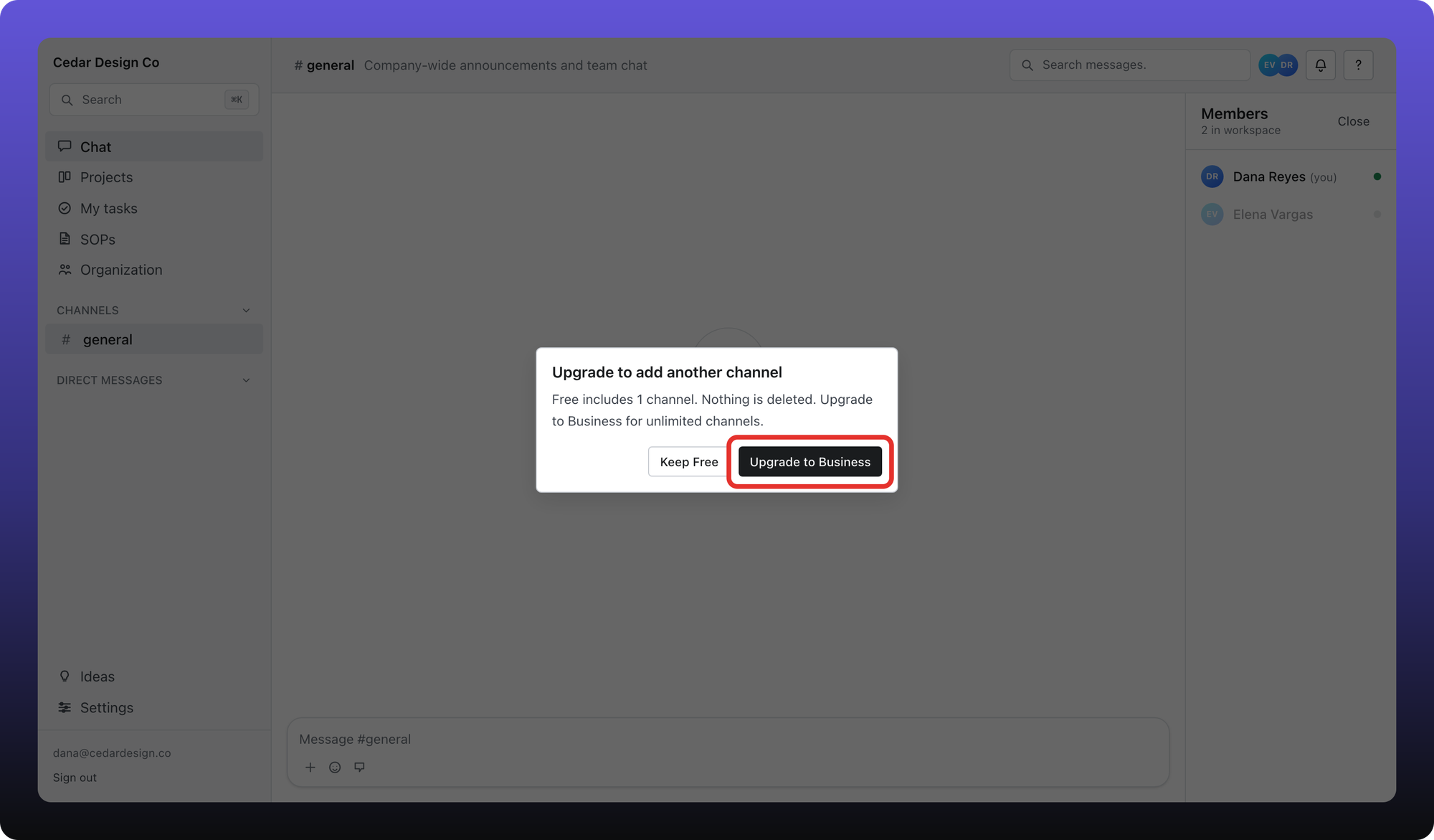 The upgrade prompt when a Free workspace tries to add a second channel; Upgrade to Business is outlined.