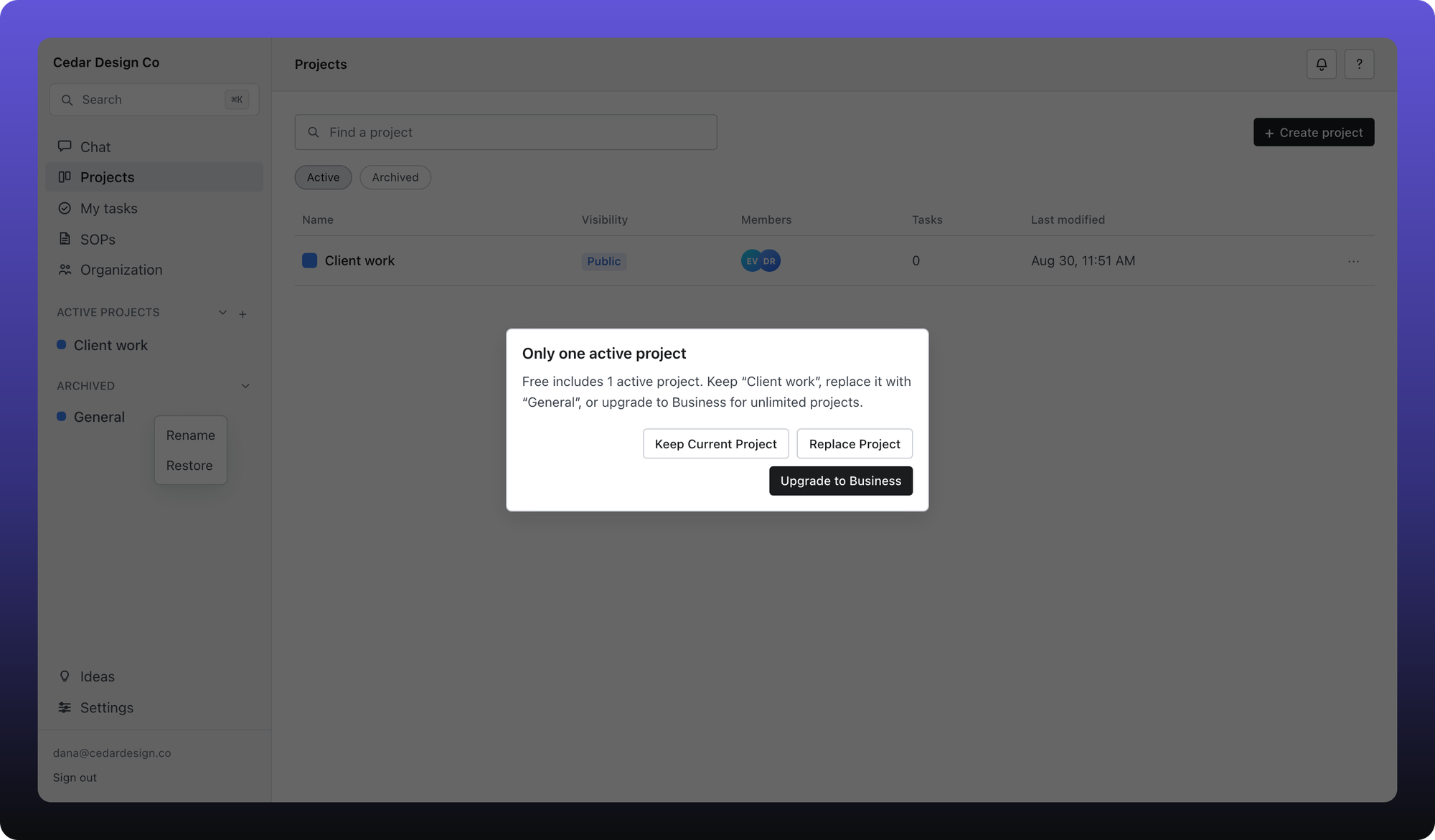 The replace dialog when a Free workspace tries to restore a second active project.