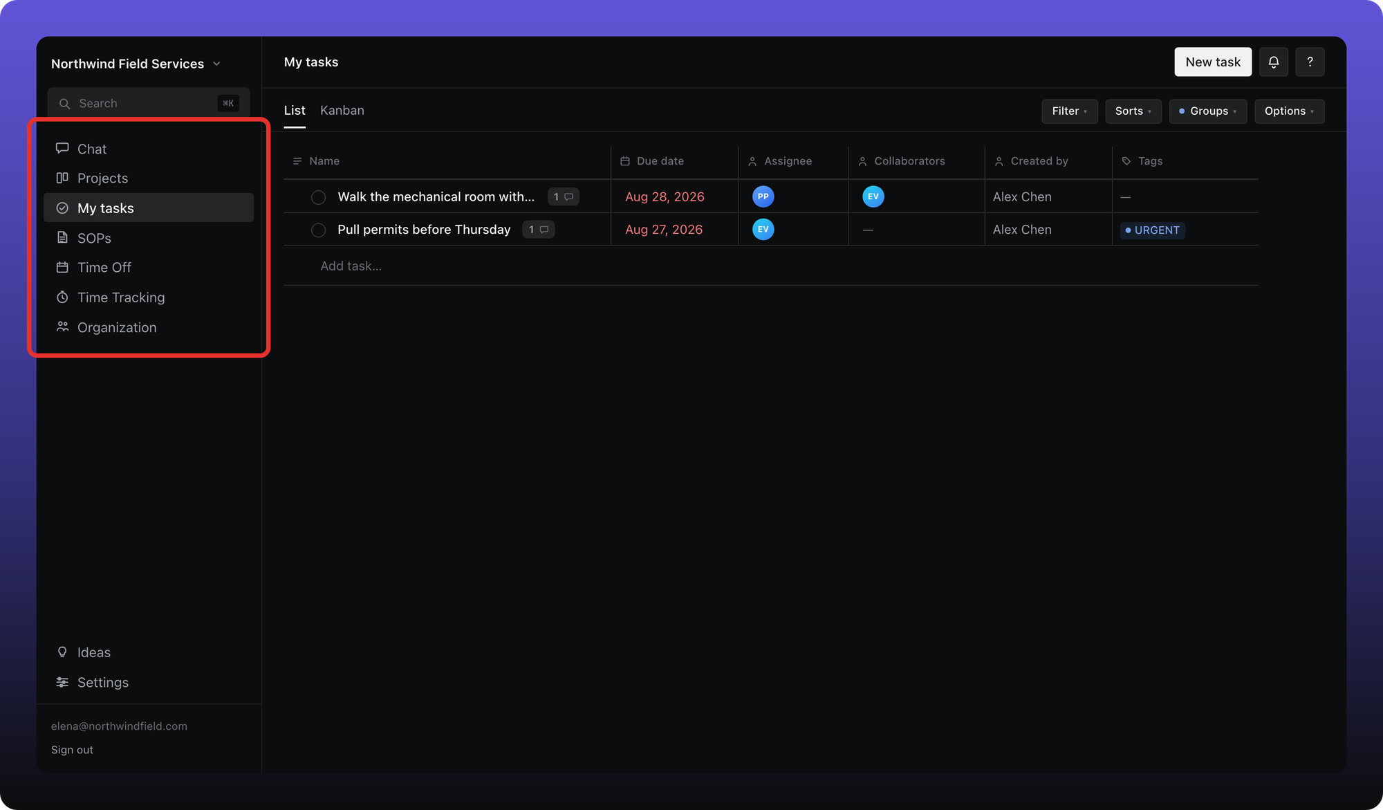 A paid Business plan workspace sidebar outlined, with Time Off and Time Tracking visible.