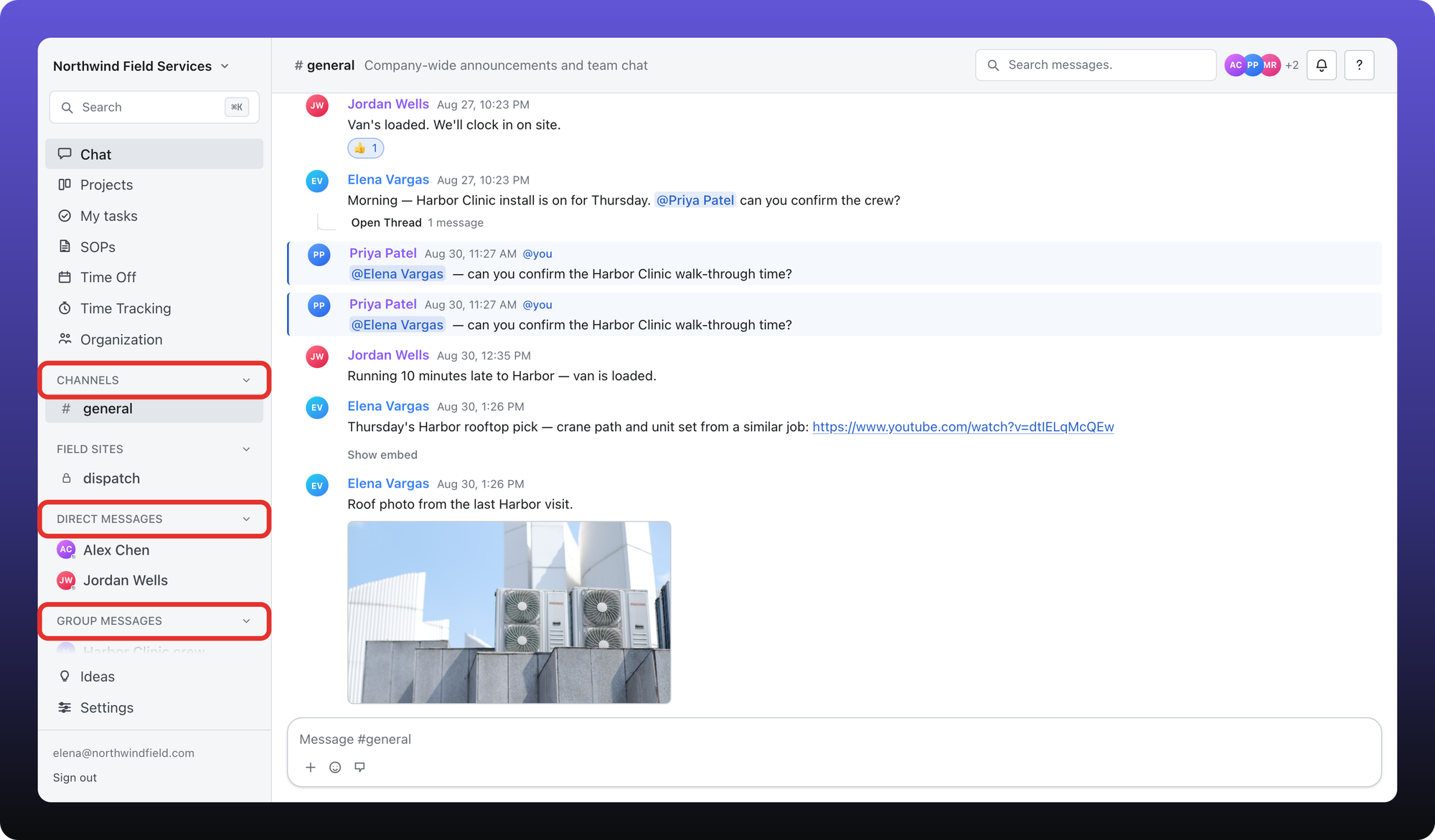 Chat with Channels, Direct messages, and Group messages outlined in the sidebar, and #general open