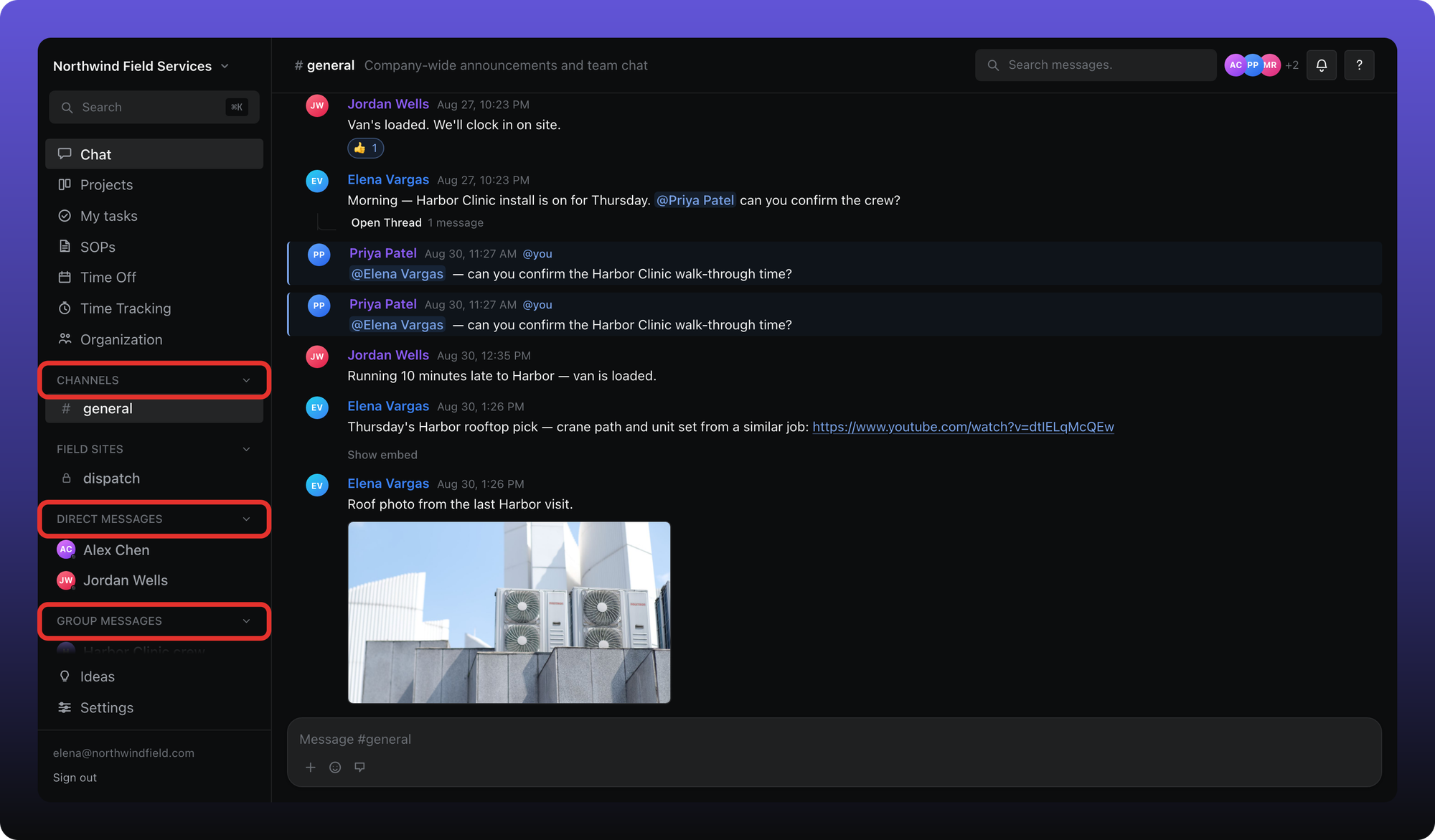 Chat with Channels, Direct messages, and Group messages outlined in the sidebar, and #general open