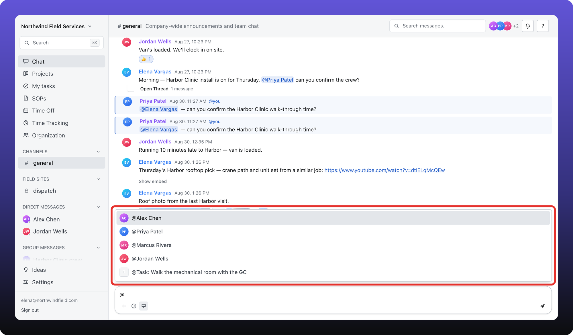 Mention menu open above the composer listing people and a task