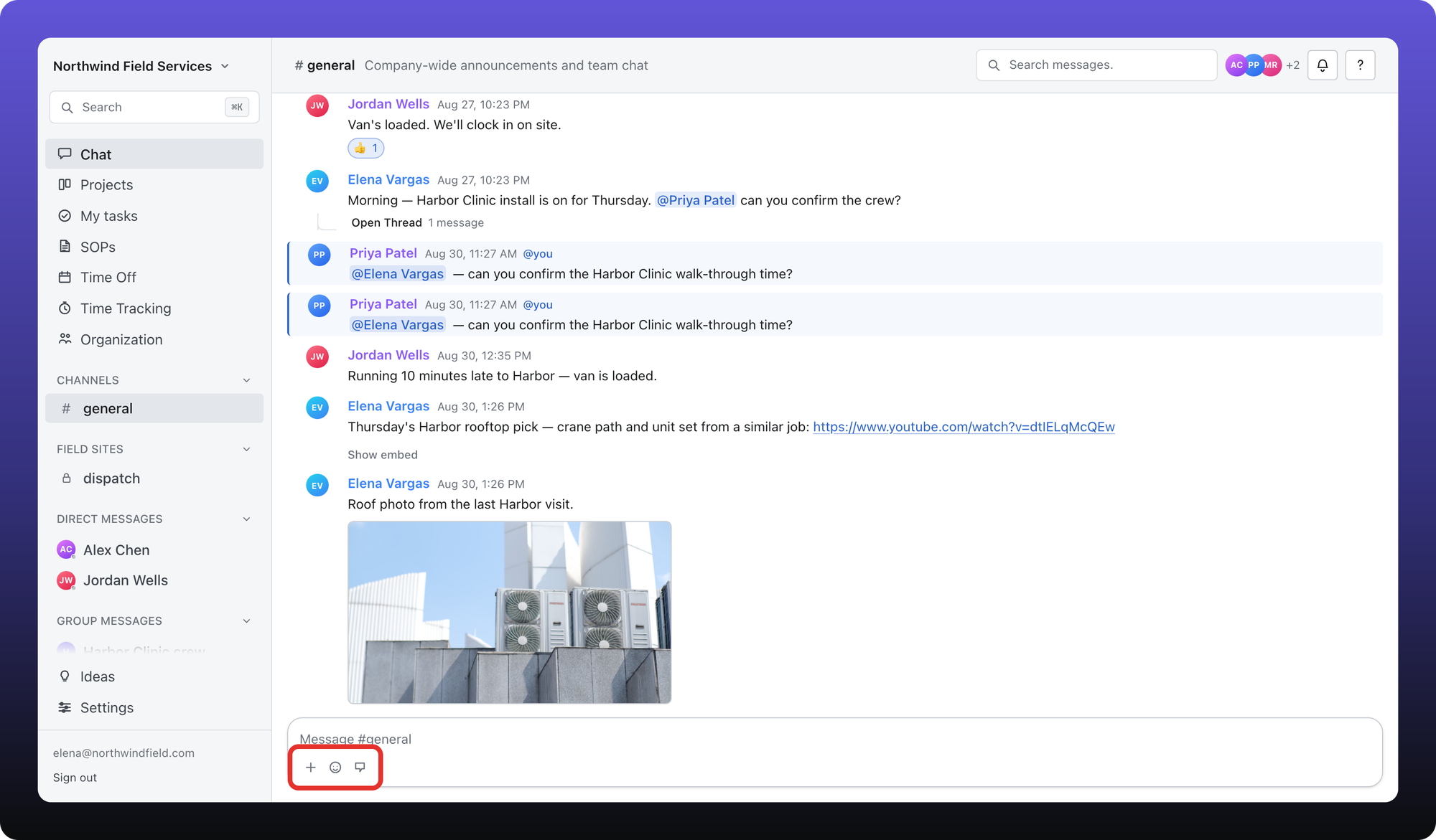 Message composer with Attach file, Add emoji, and Mention someone outlined as a group