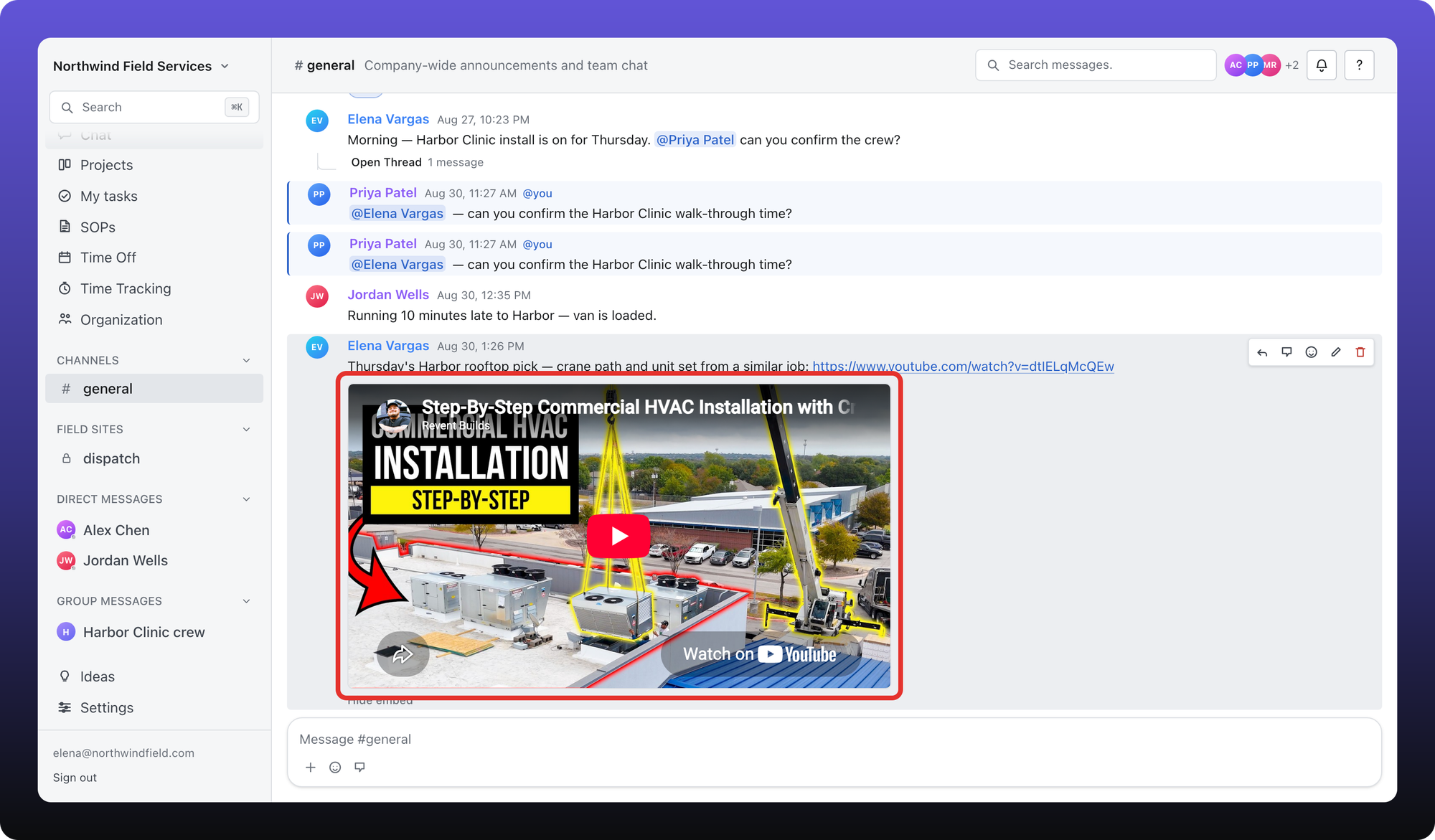 Message with a YouTube link to a commercial HVAC crane install and the video embed outlined