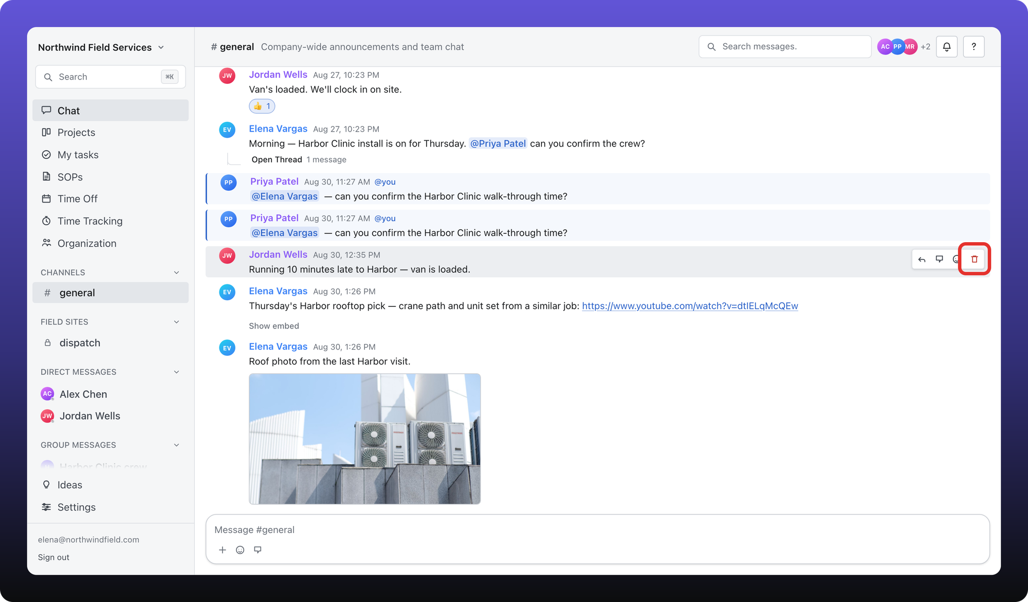 Hover toolbar on someone else's message with Delete outlined