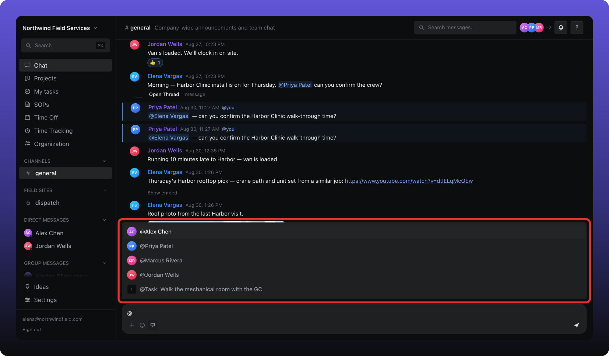 Mention menu open above the composer listing people and a task