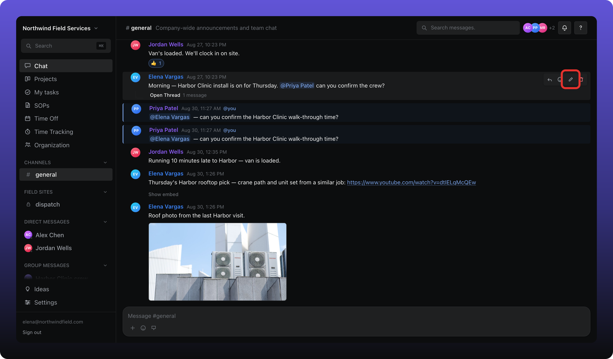 Hover toolbar on your own message with Edit outlined