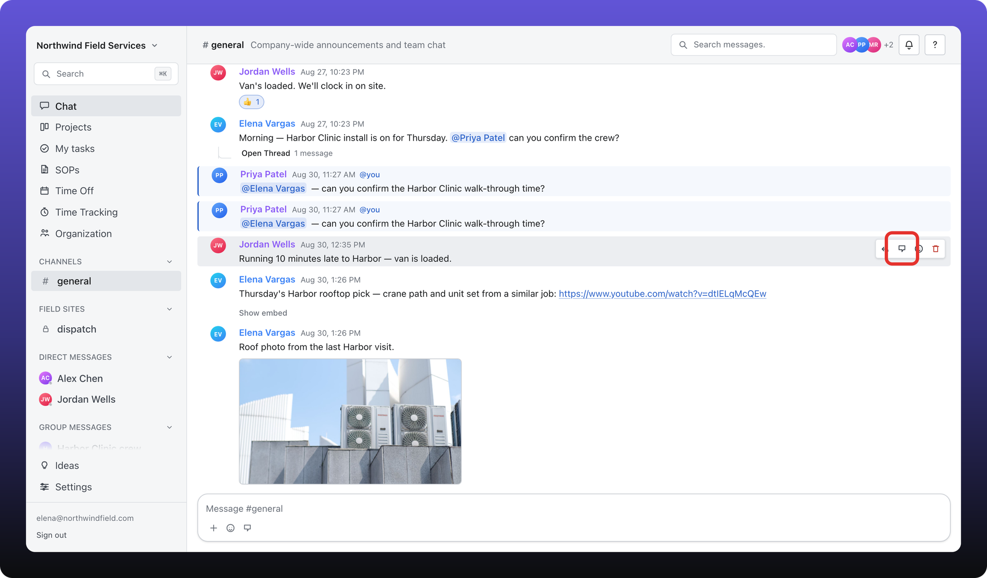 Hover toolbar on a message that does not have a thread yet. The outlined button is Reply in thread.