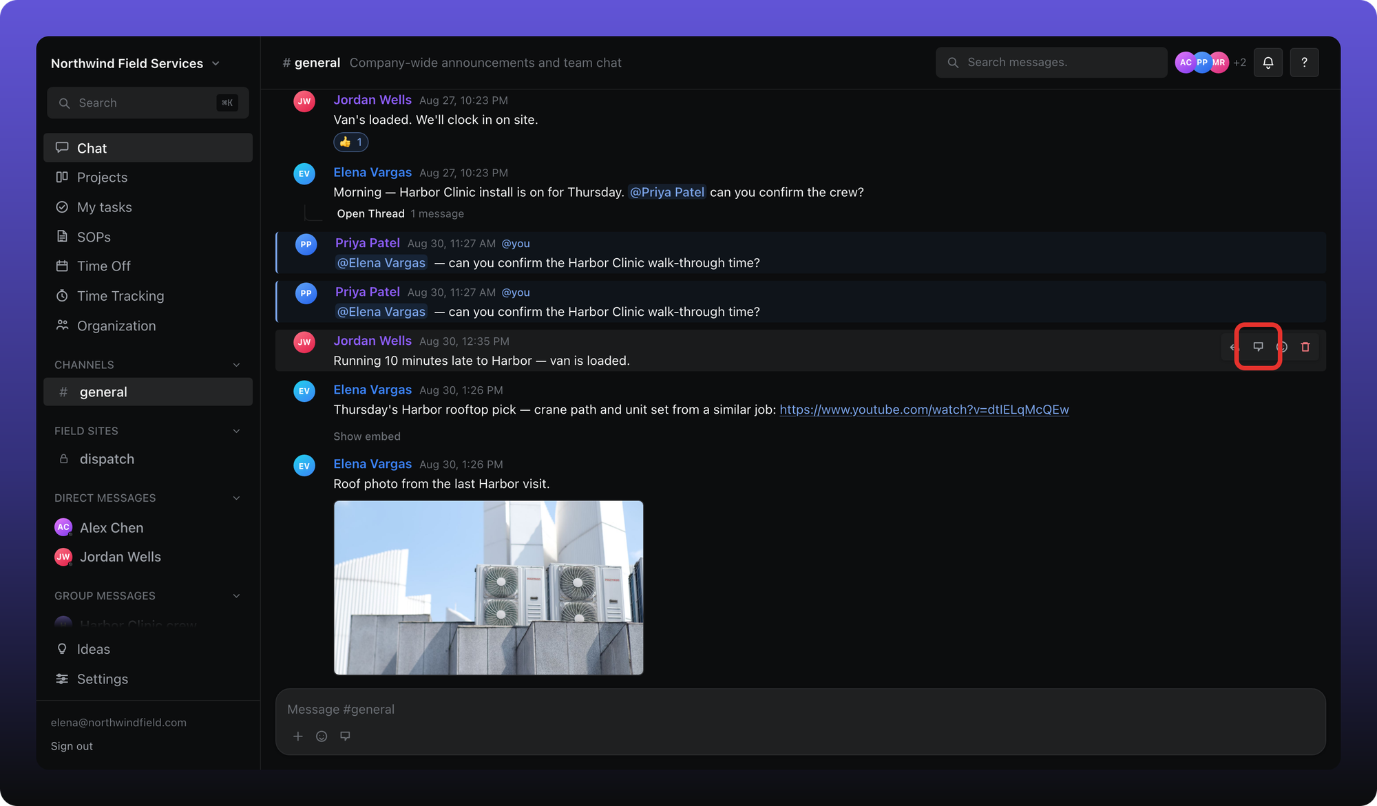 Hover toolbar on a message that does not have a thread yet. The outlined button is Reply in thread.