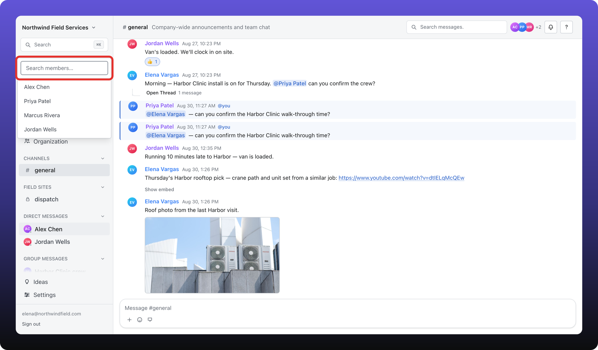 Member picker open with Search members and the workspace people listed