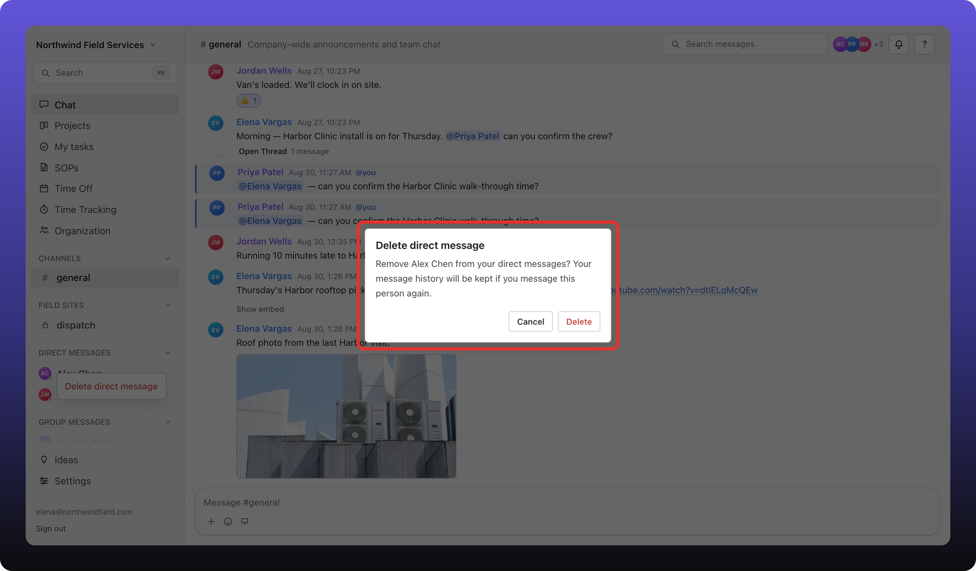 Confirm dialog: Remove Alex Chen from your direct messages? Your message history will be kept if you message this person again.
