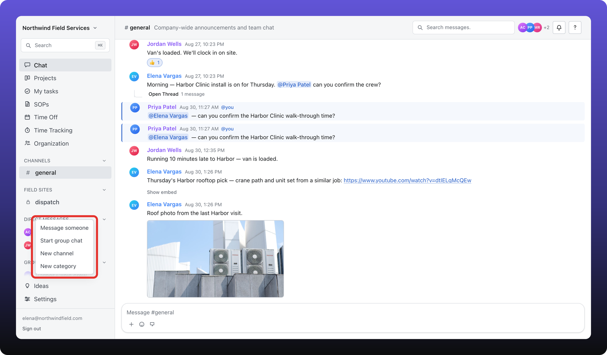 Right-click menu on the Chat sidebar with Message someone, Start group chat, New channel, and New category