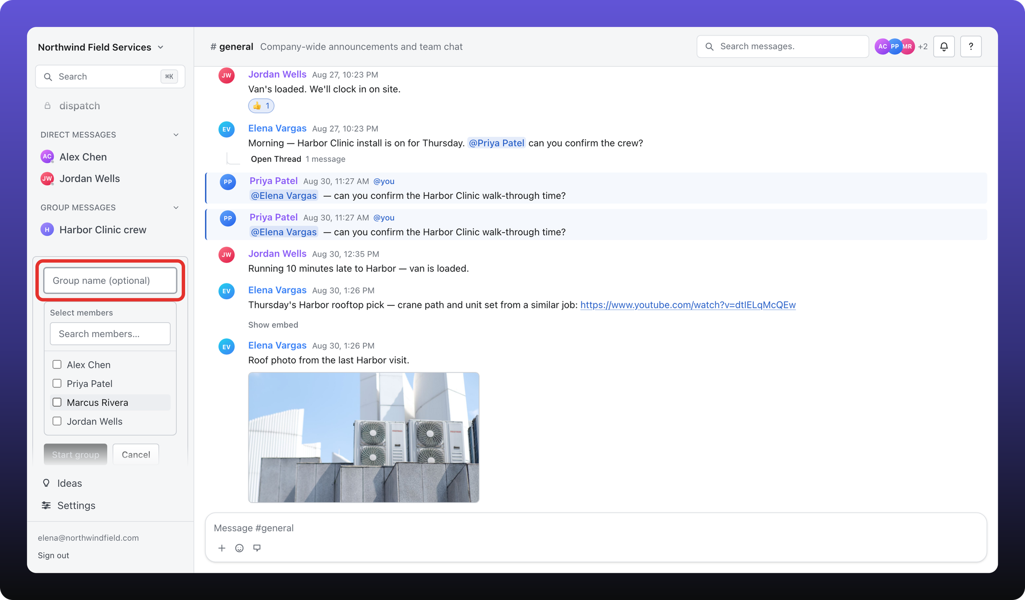Start group form with Group name optional and Select members checkboxes