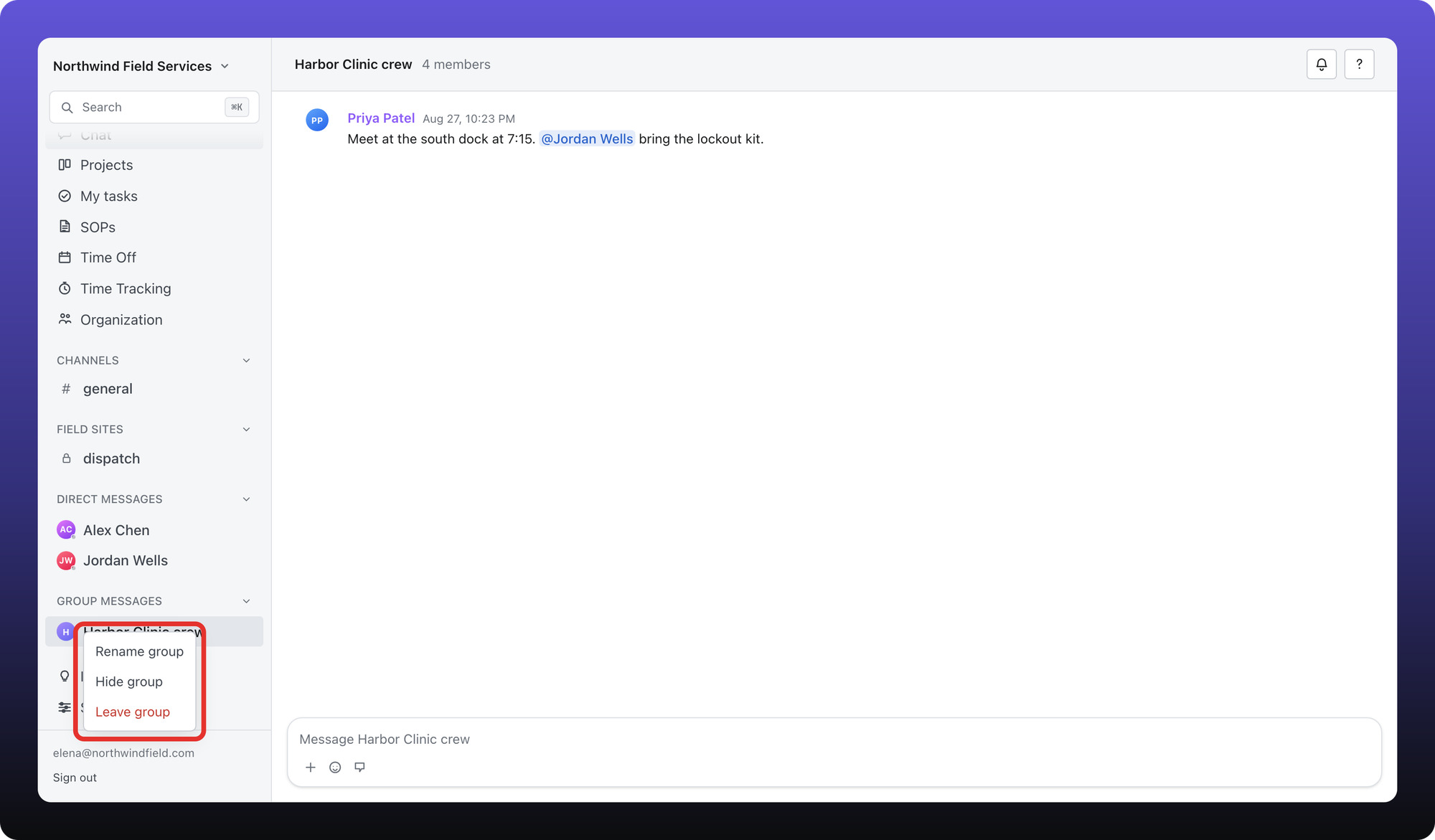 Group menu with Rename group, Hide group, and Leave group