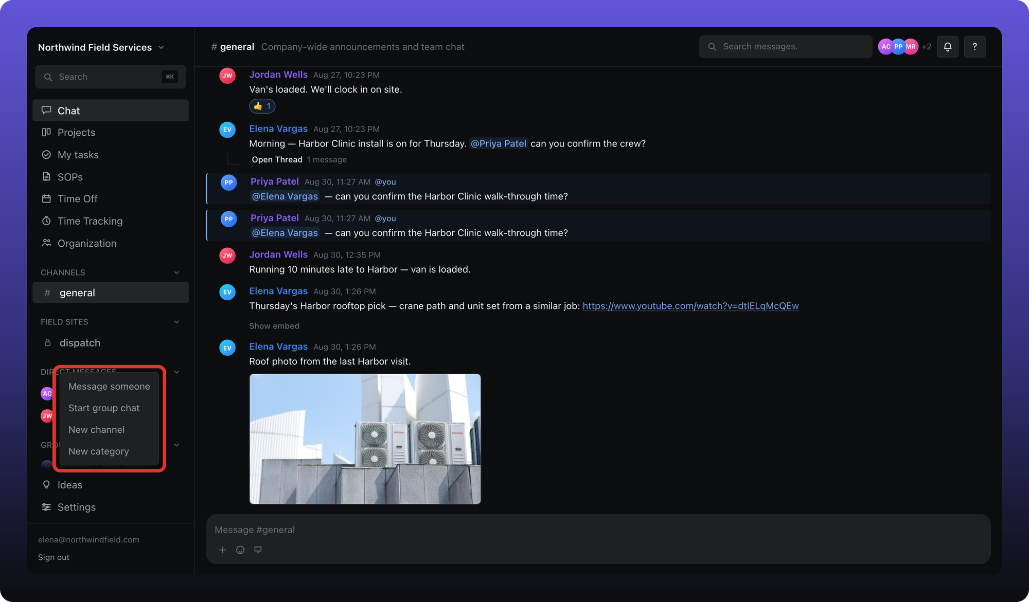 Right-click menu on the Chat sidebar with Message someone, Start group chat, New channel, and New category
