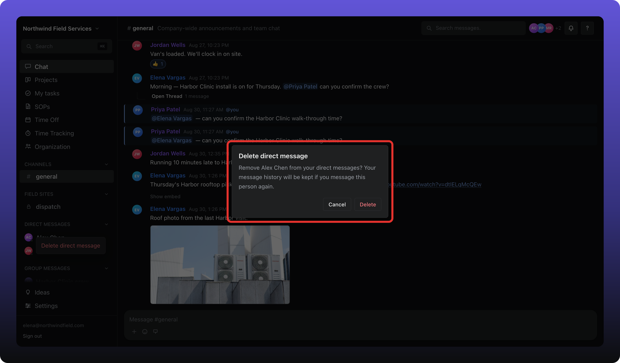 Confirm dialog: Remove Alex Chen from your direct messages? Your message history will be kept if you message this person again.