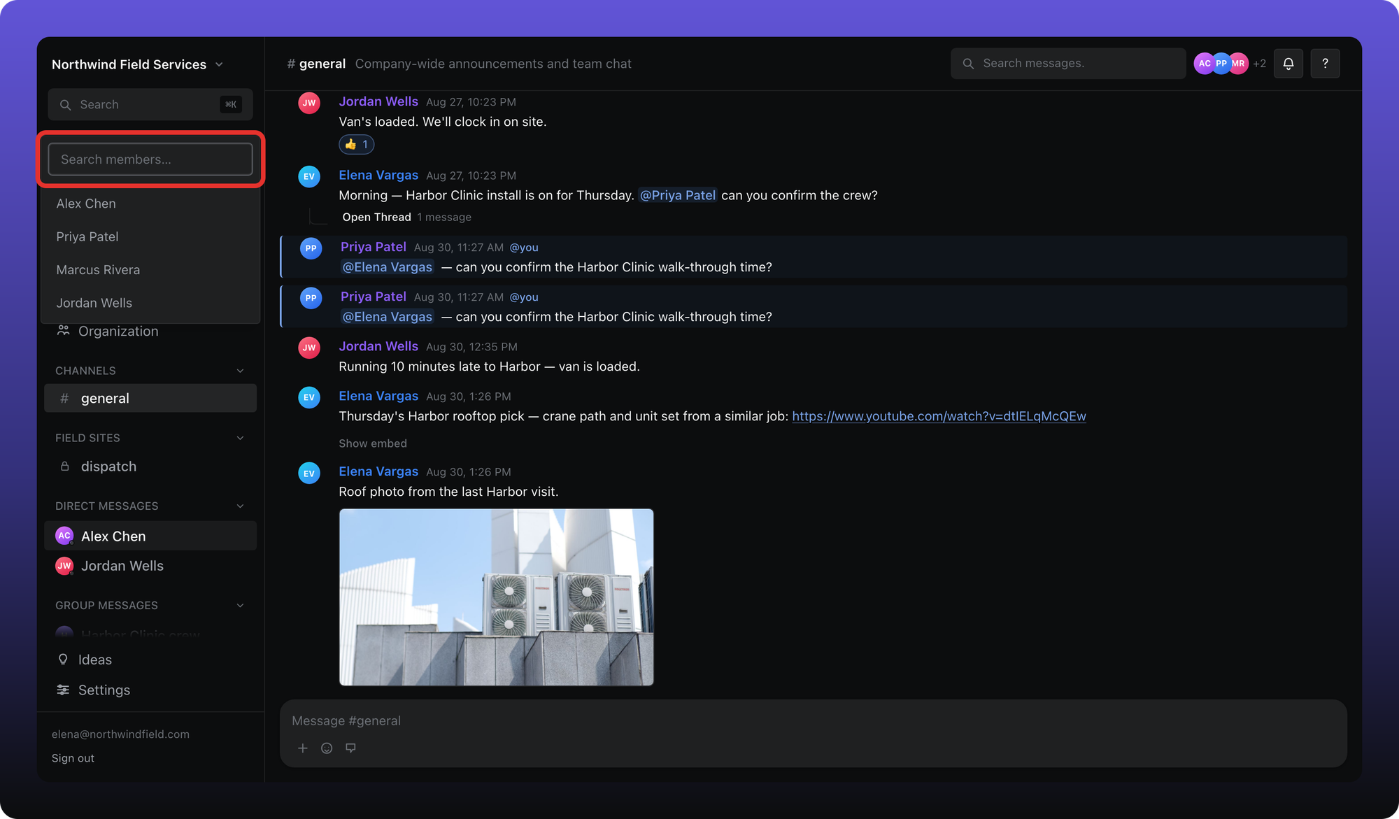 Member picker open with Search members and the workspace people listed