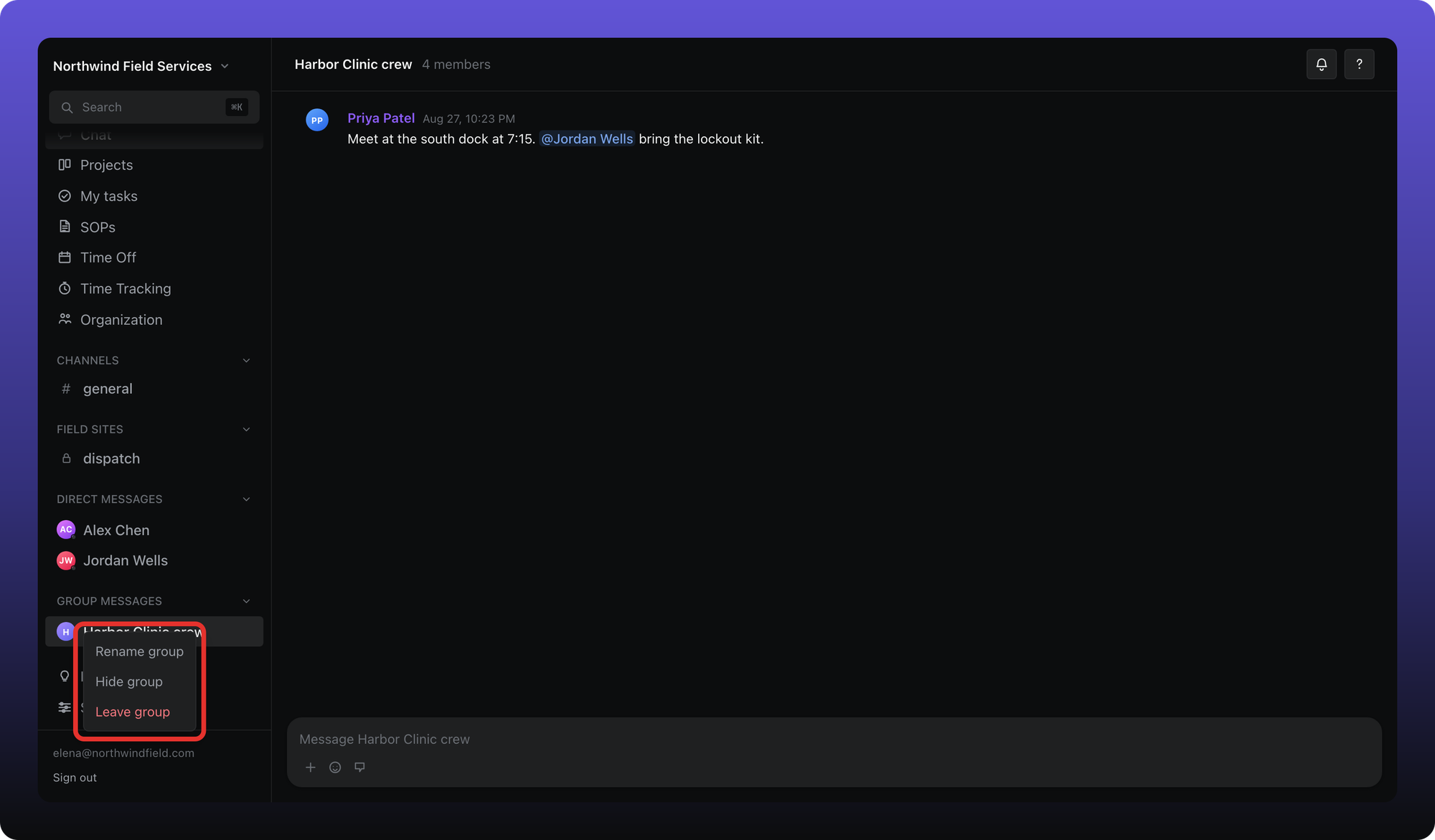 Group menu with Rename group, Hide group, and Leave group