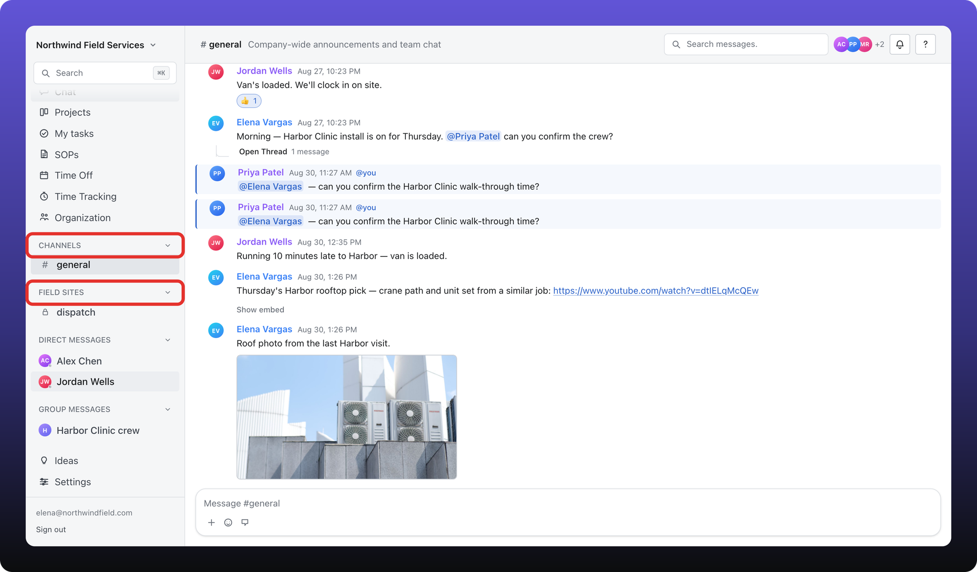 Chat sidebar with Channels and Field sites categories outlined