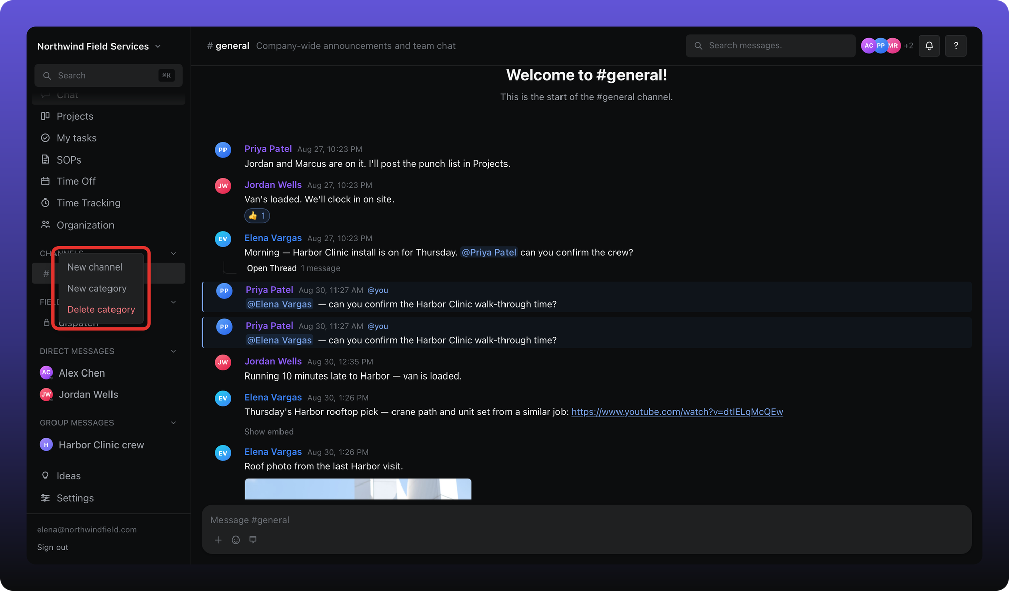 Right-click menu on CHANNELS with New channel, New category, and Delete category