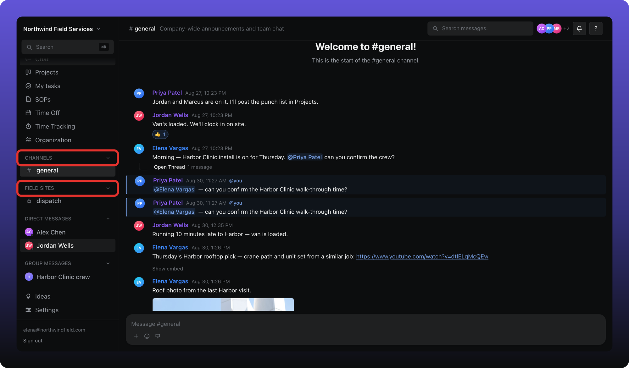 Chat sidebar with Channels and Field sites categories outlined