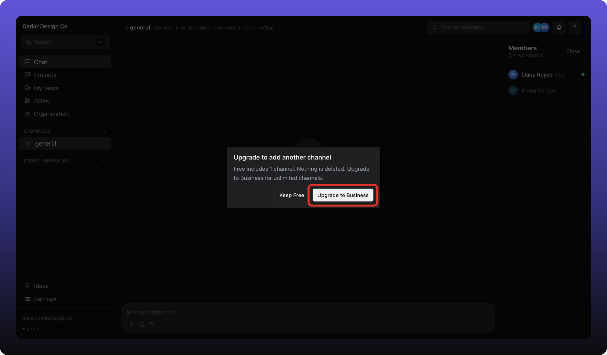 Upgrade to add another channel. Free includes 1 channel. Nothing is deleted. Upgrade to Business for unlimited channels.