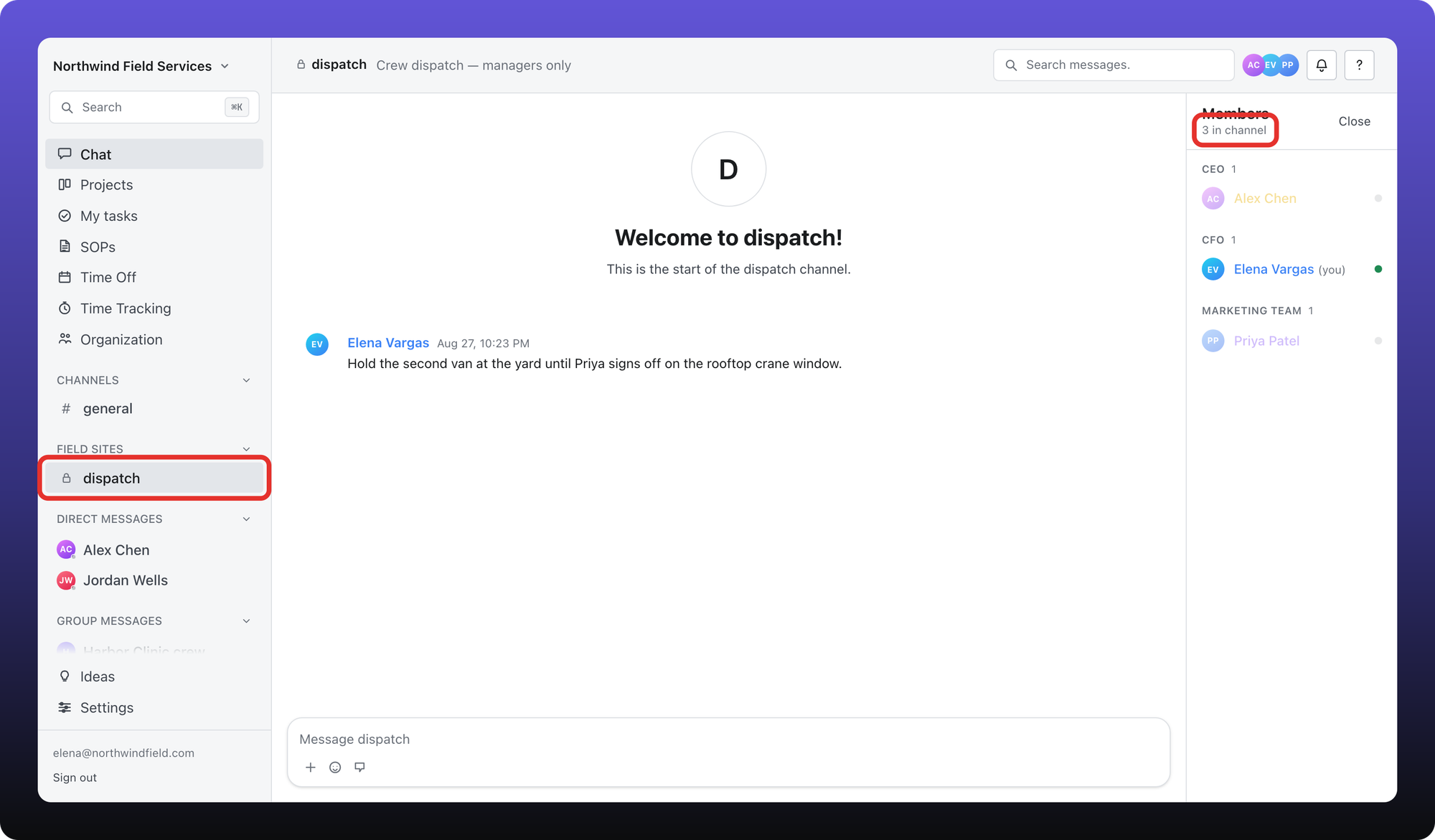 Private dispatch with a lock icon and the members panel showing 3 in channel