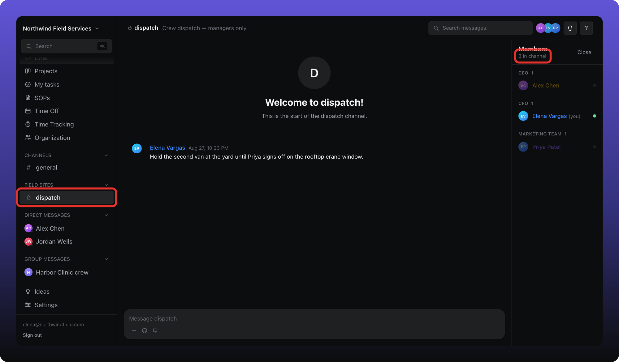 Private dispatch with a lock icon and the members panel showing 3 in channel