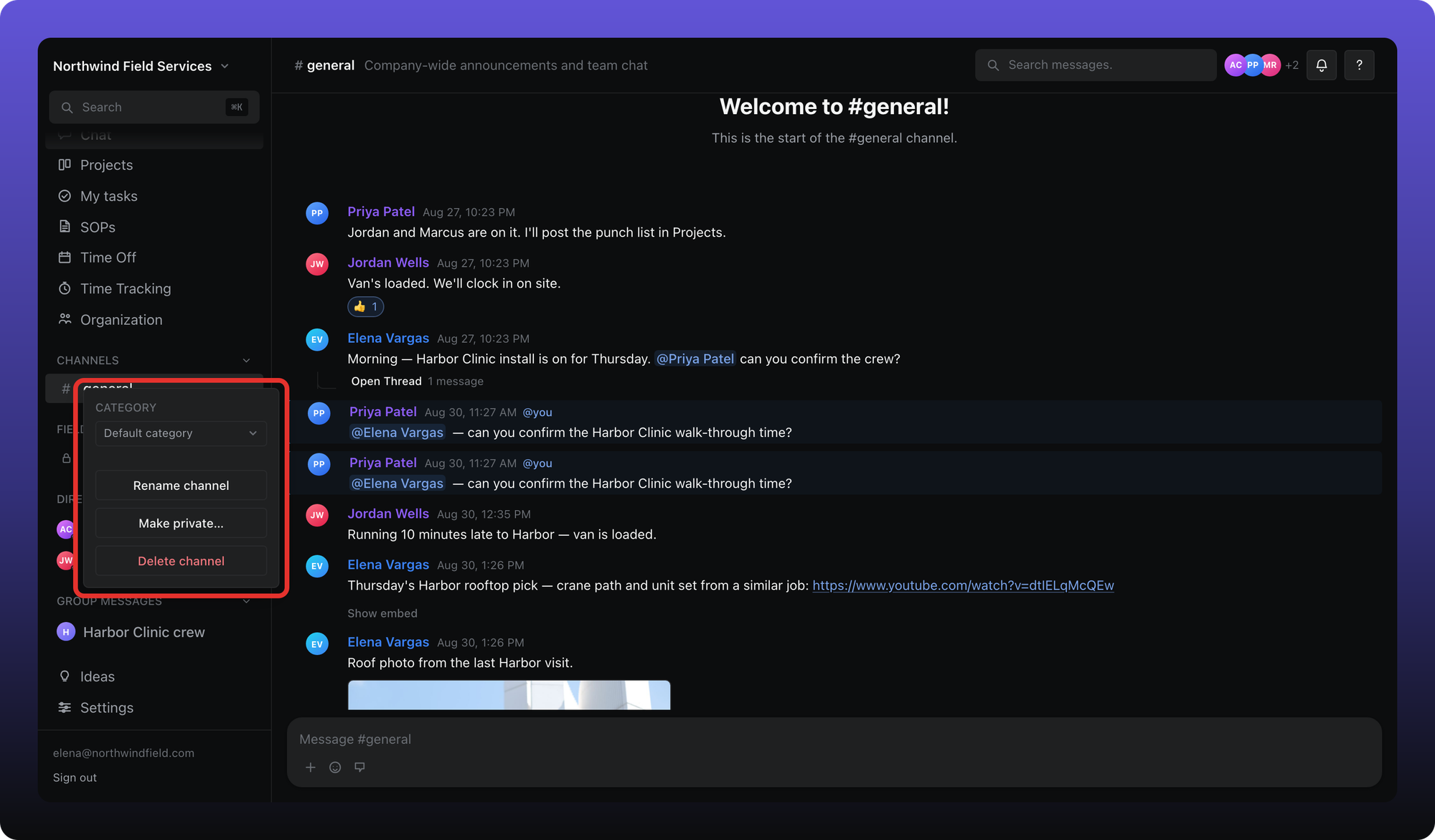 Channel right-click menu with Category, Rename channel, Make private, and Delete channel