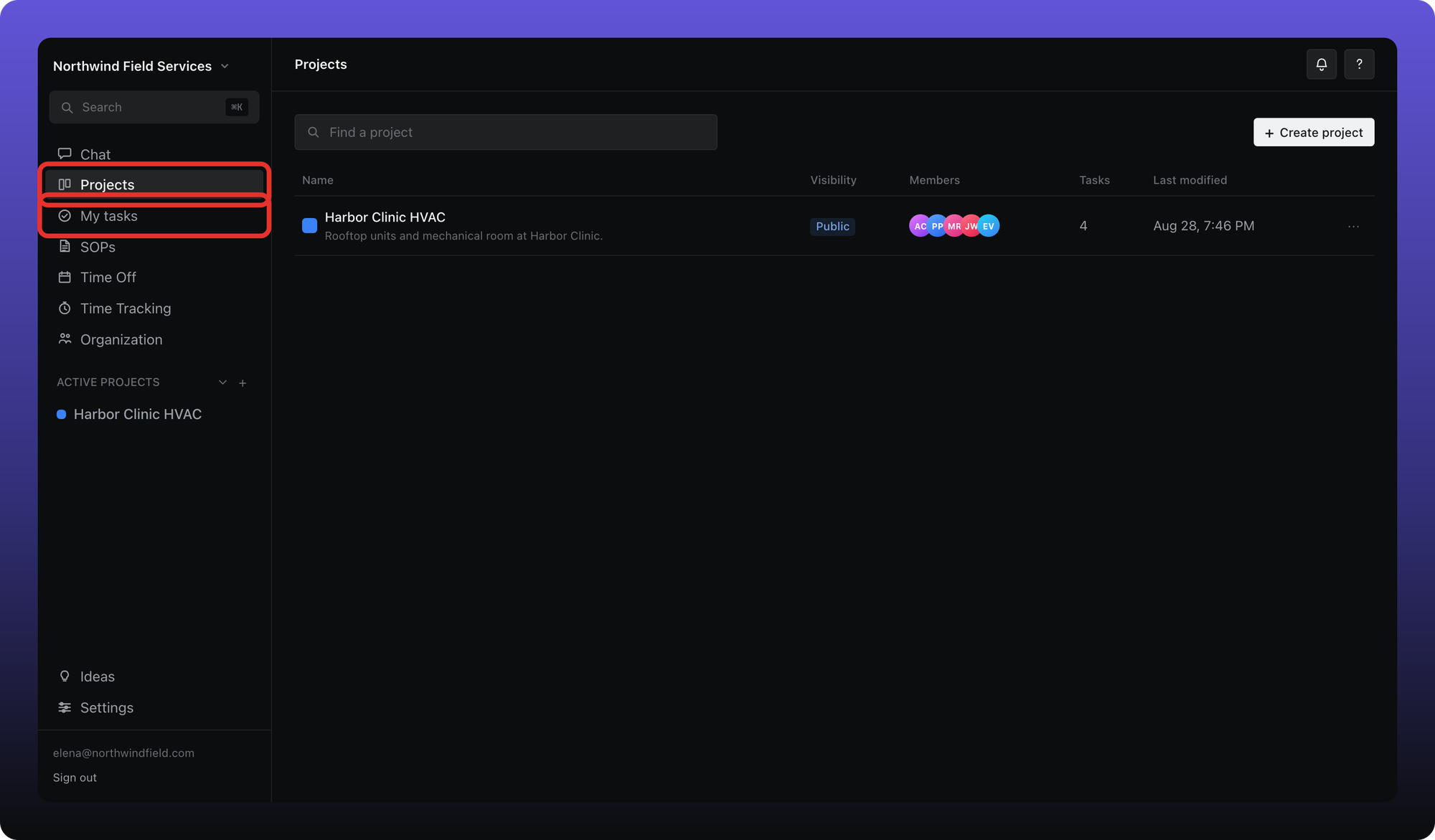 App sidebar with Projects and My tasks outlined