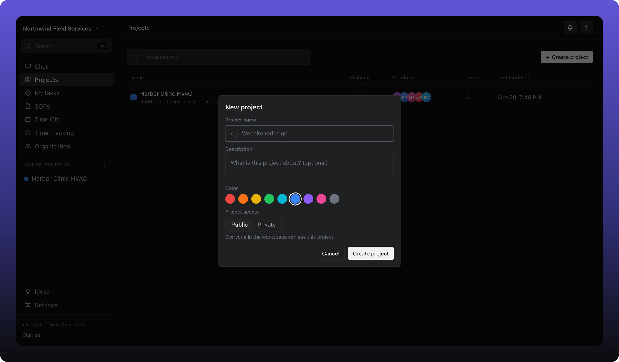 New project dialog with name, description, color, and optional private access