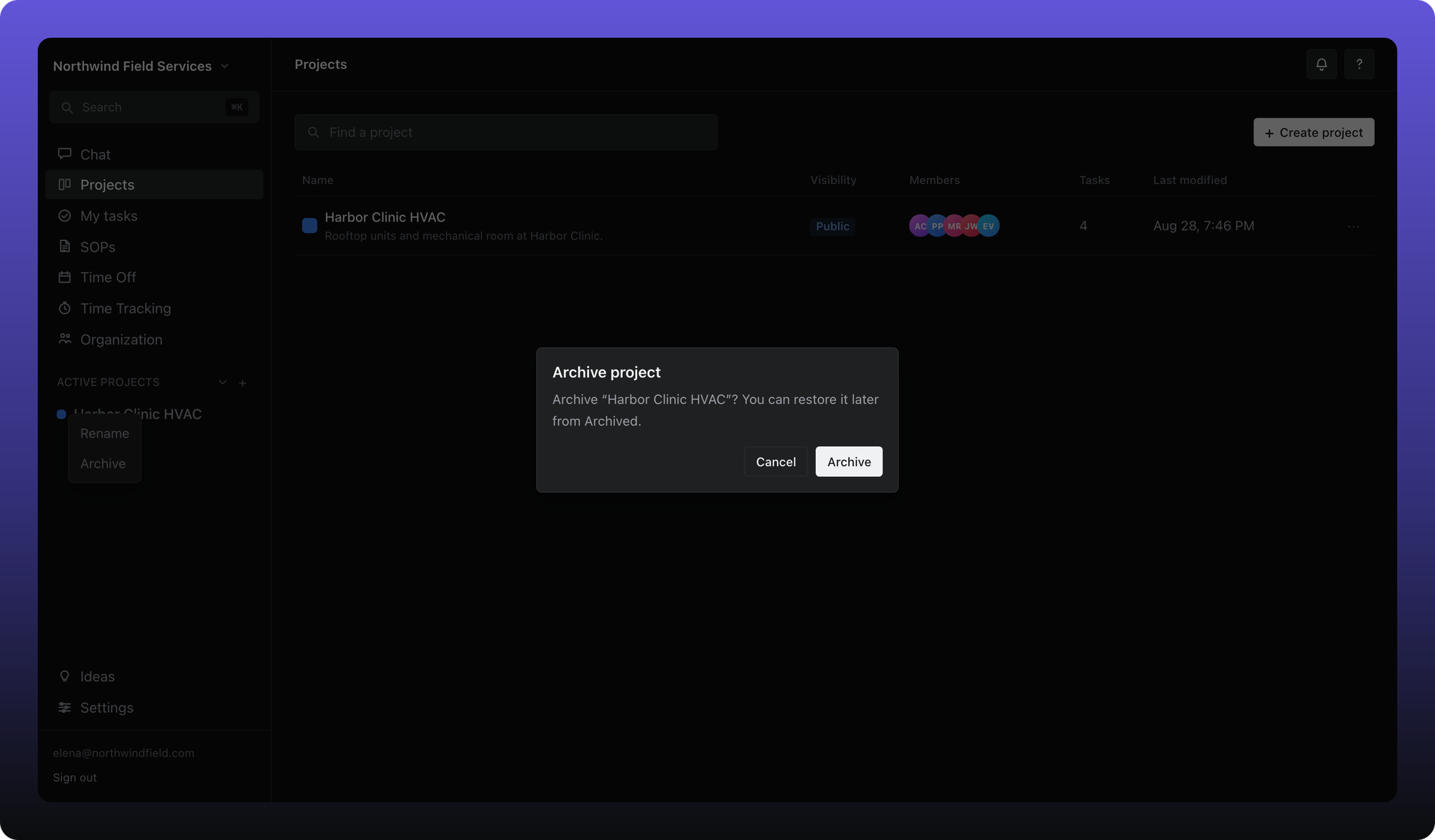 Archive project confirmation dialog