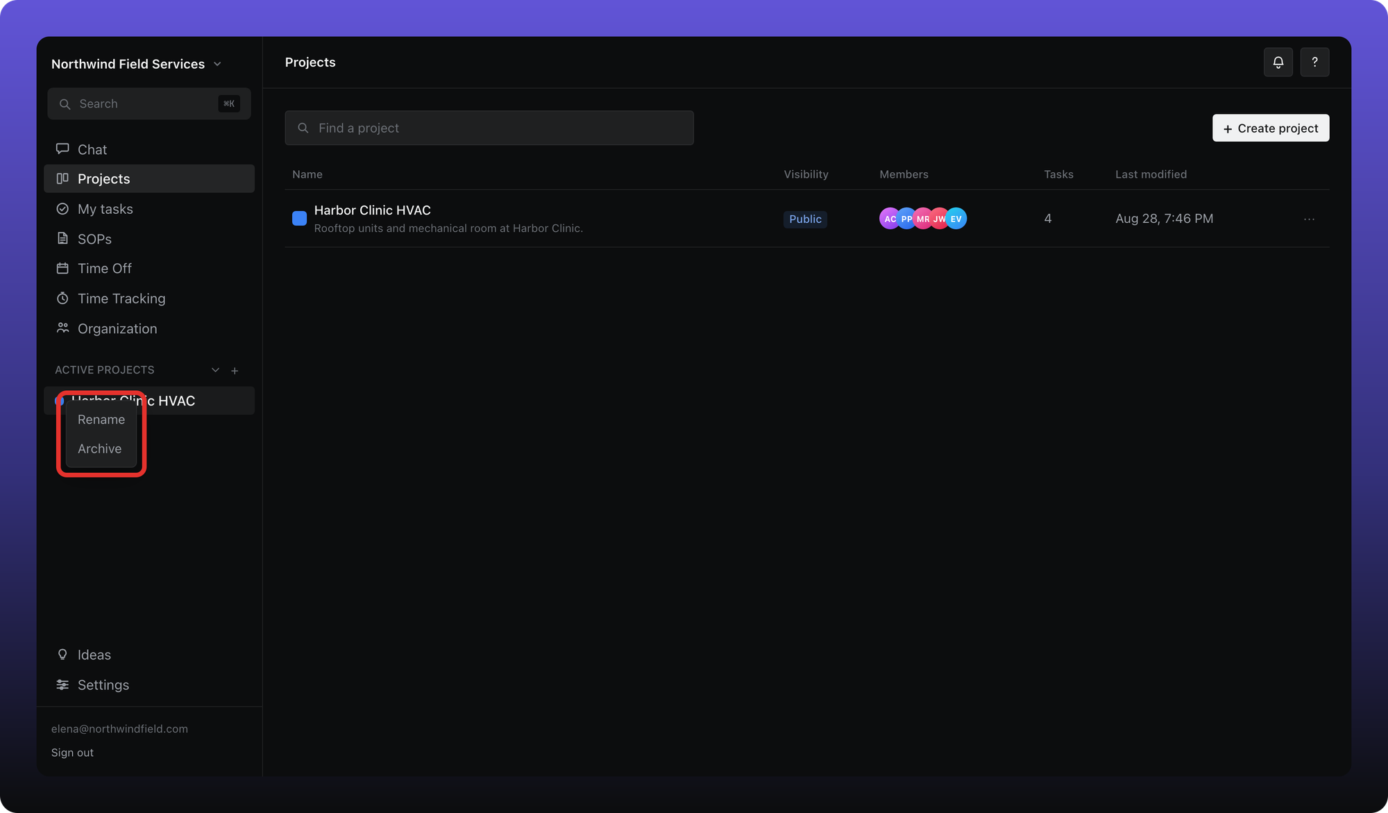 Project context menu with Archive highlighted