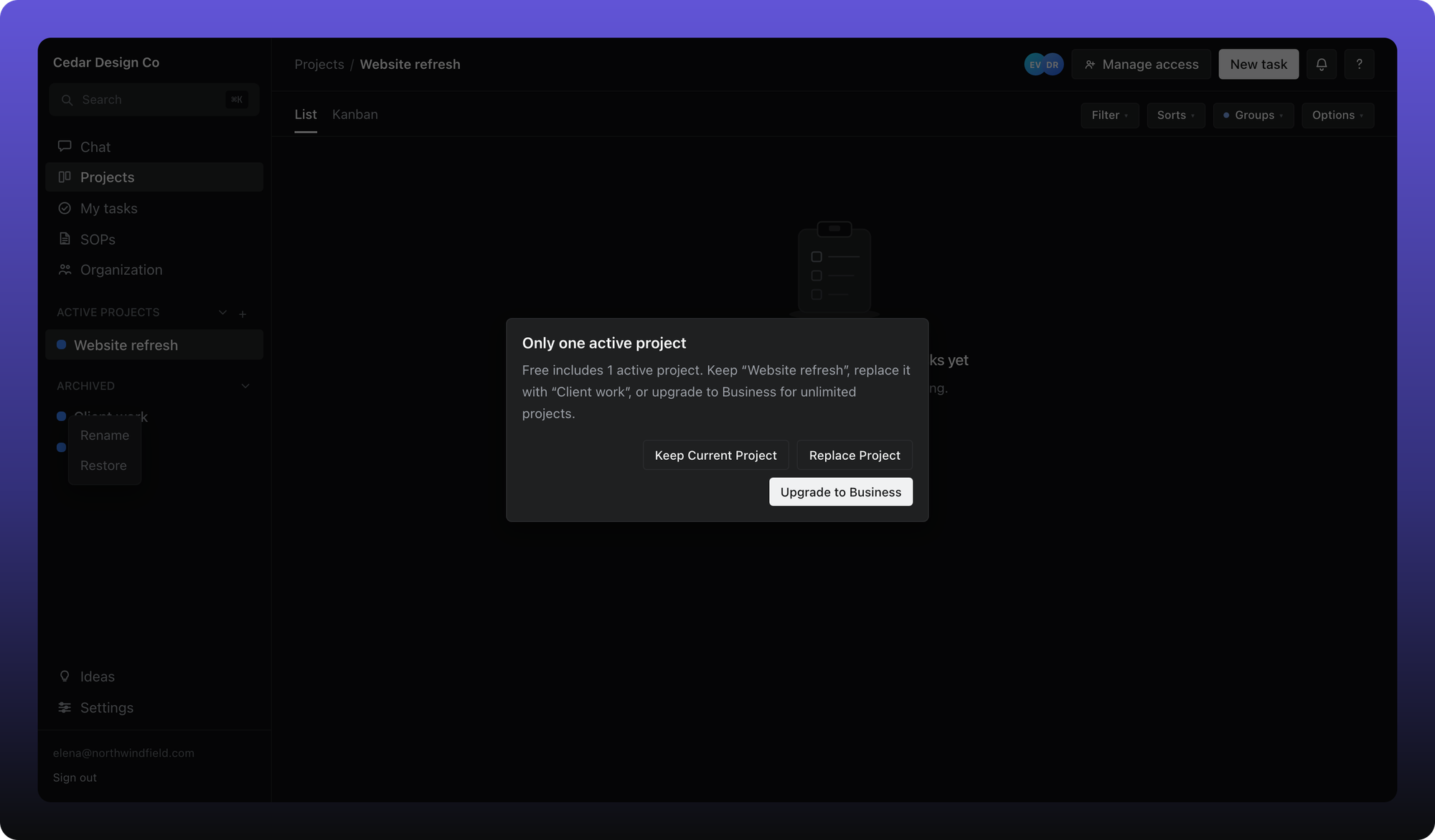 Replace project dialog when restoring on a Free workspace that already has one active project