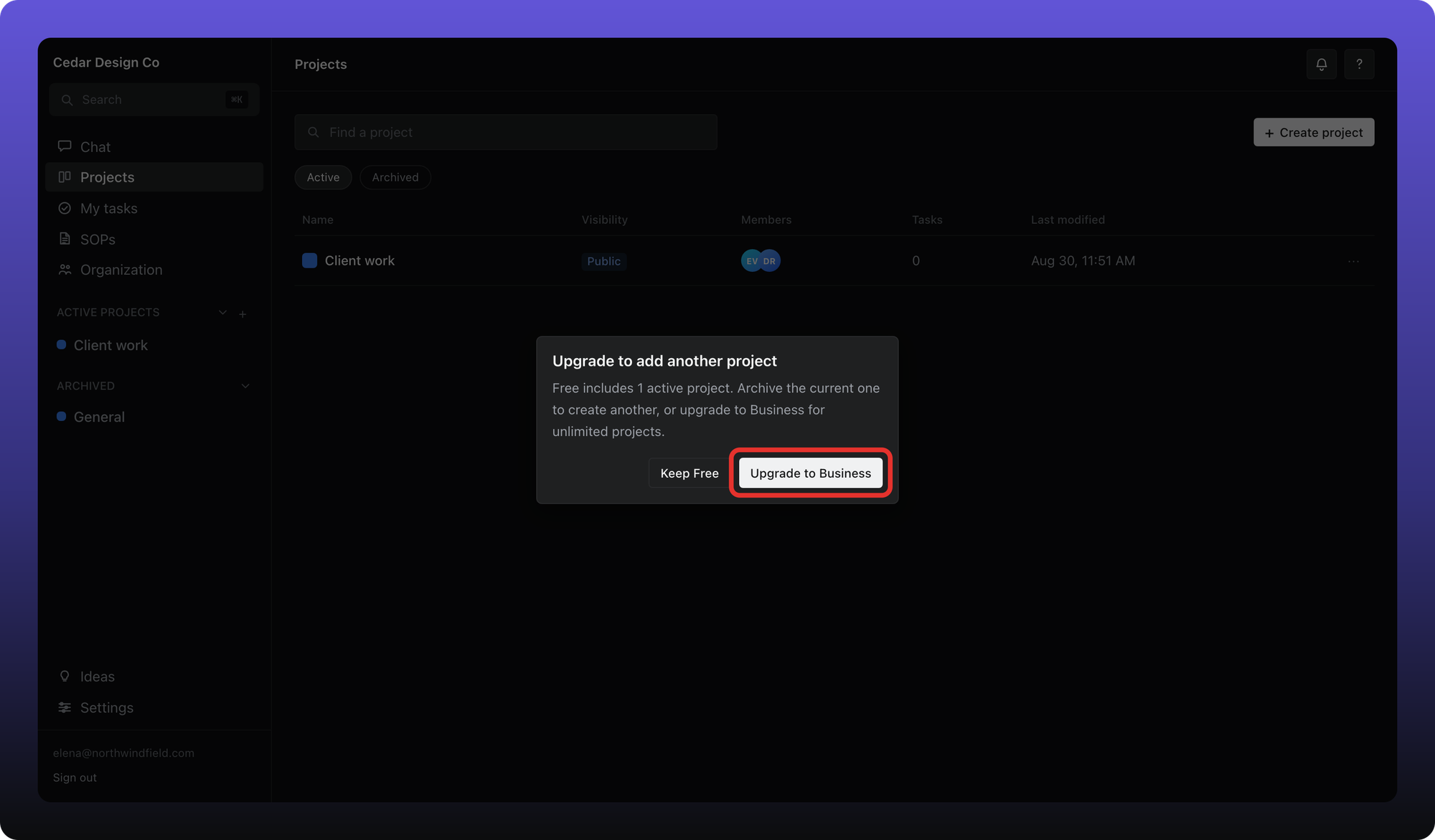Upgrade prompt when creating a second project on the Free plan