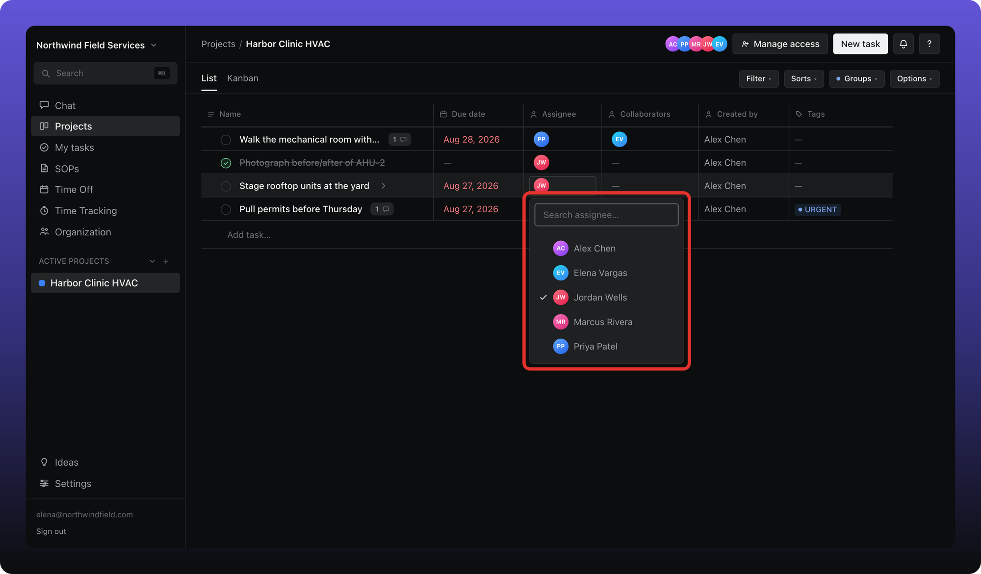 Task list with the assignee picker open on a row