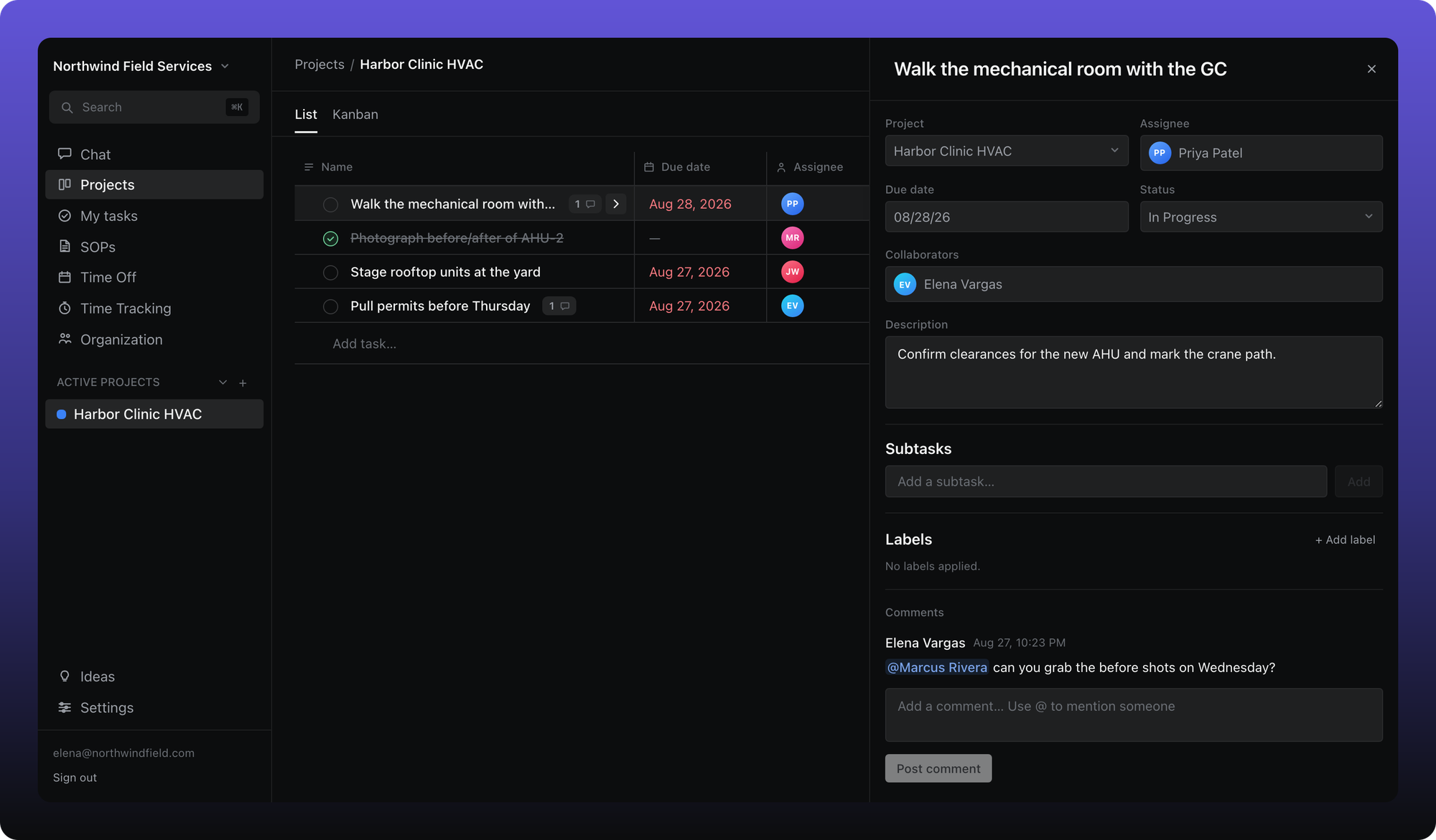 Task detail sheet showing project, assignee, due date, status, collaborators, description, subtasks, labels, and comments
