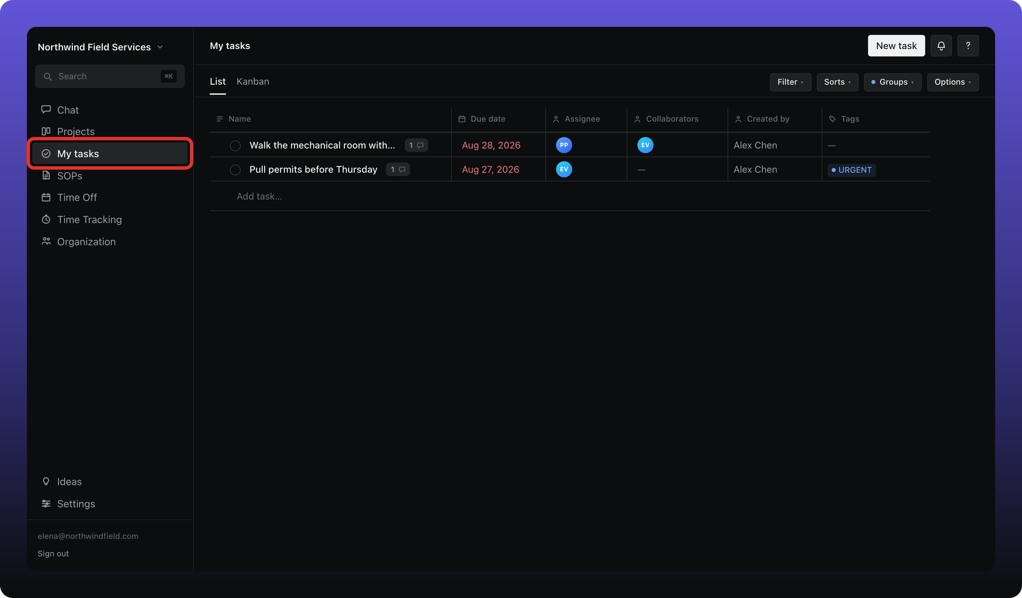 My tasks list with the My tasks sidebar entry outlined