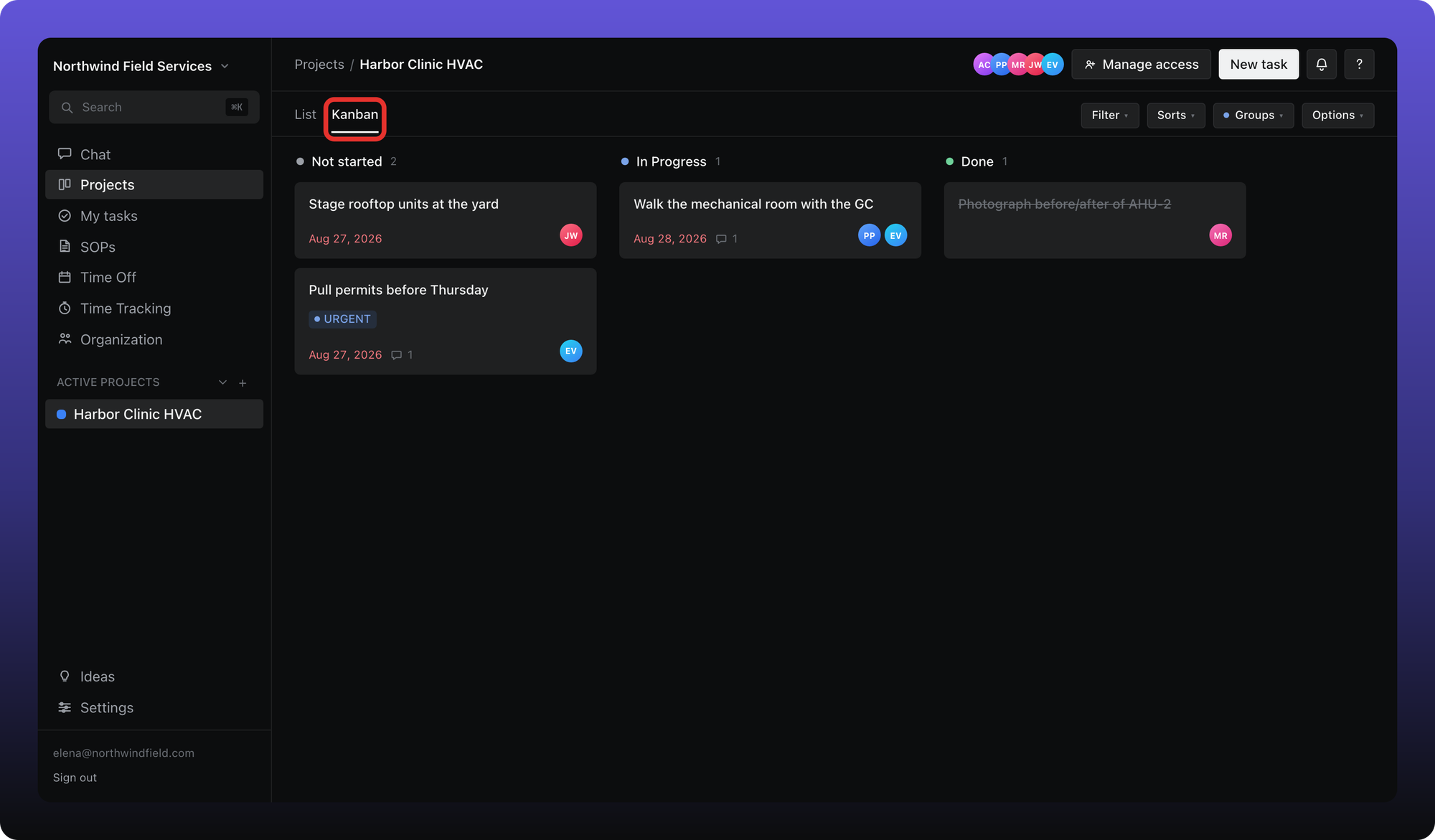 Same project in kanban view grouped by status columns