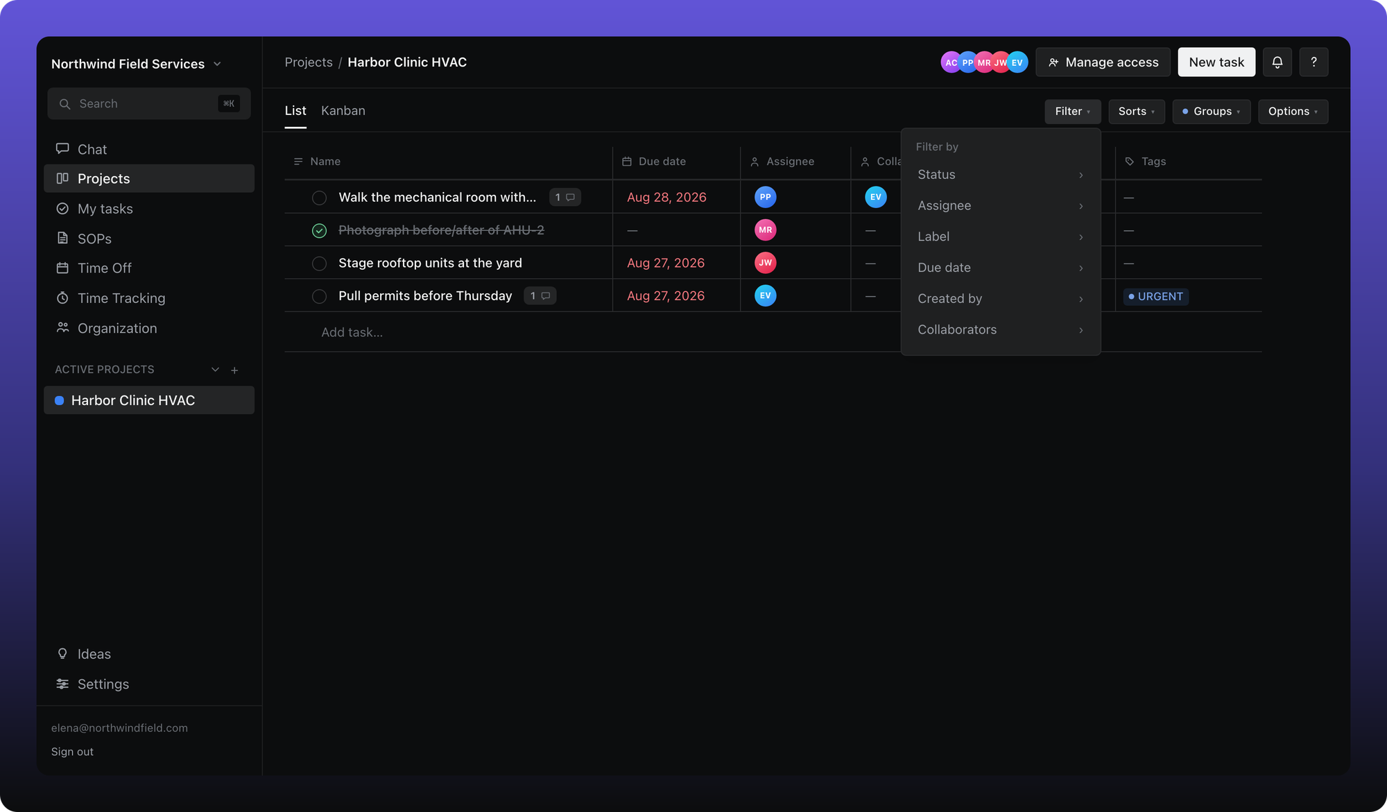 Filter menu open on a project task list
