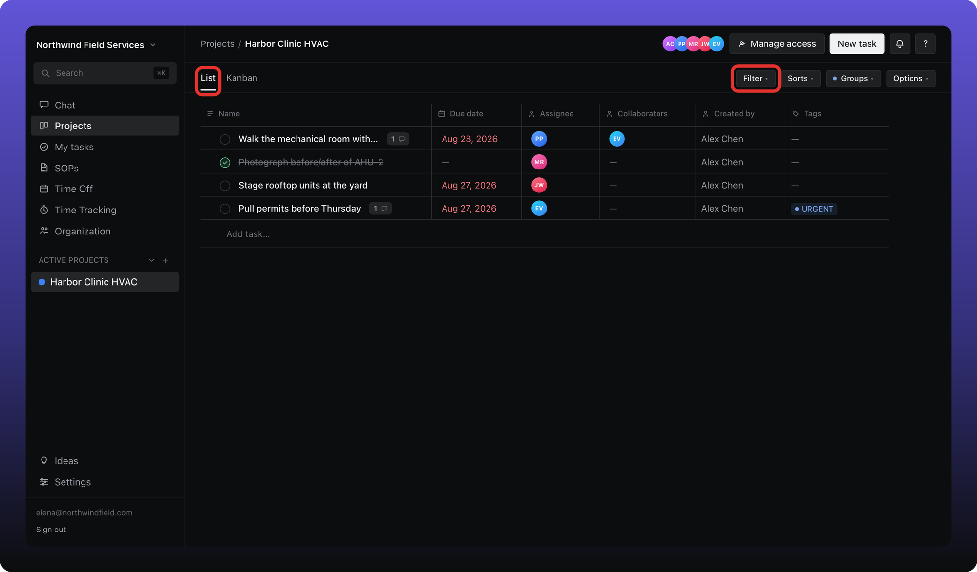 Harbor Clinic HVAC project in list view with List tab and Filter button outlined