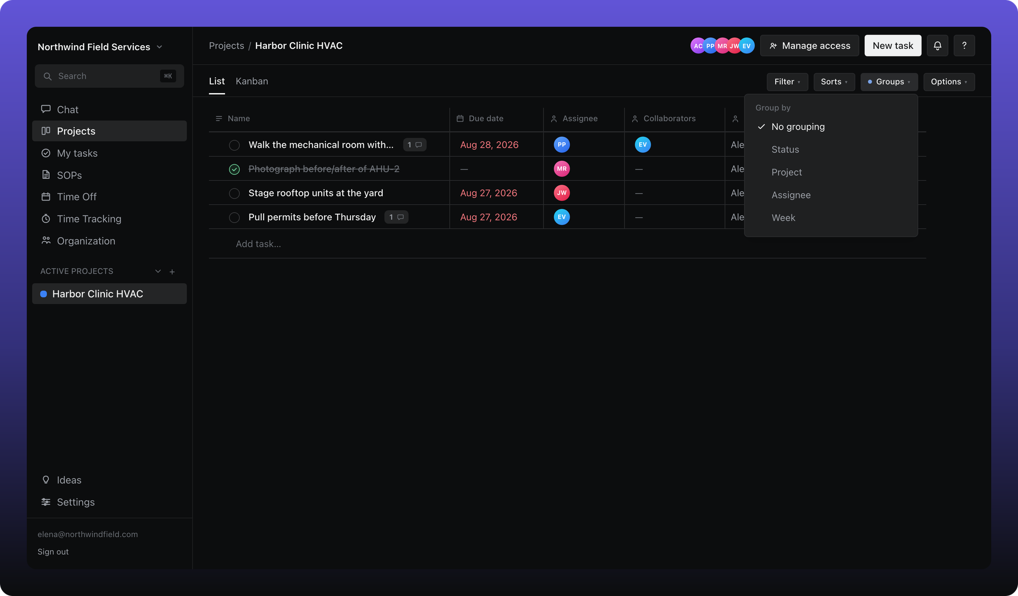 Groups menu open showing grouping options