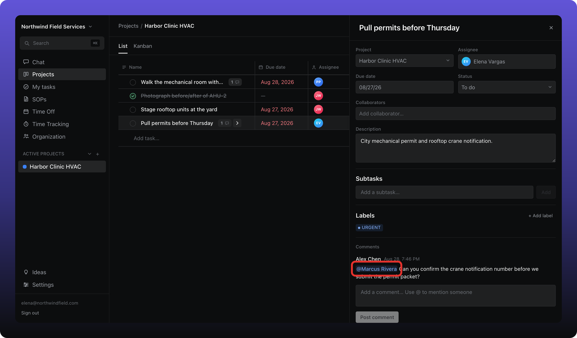 Task detail with a comment mentioning Marcus Rivera outlined