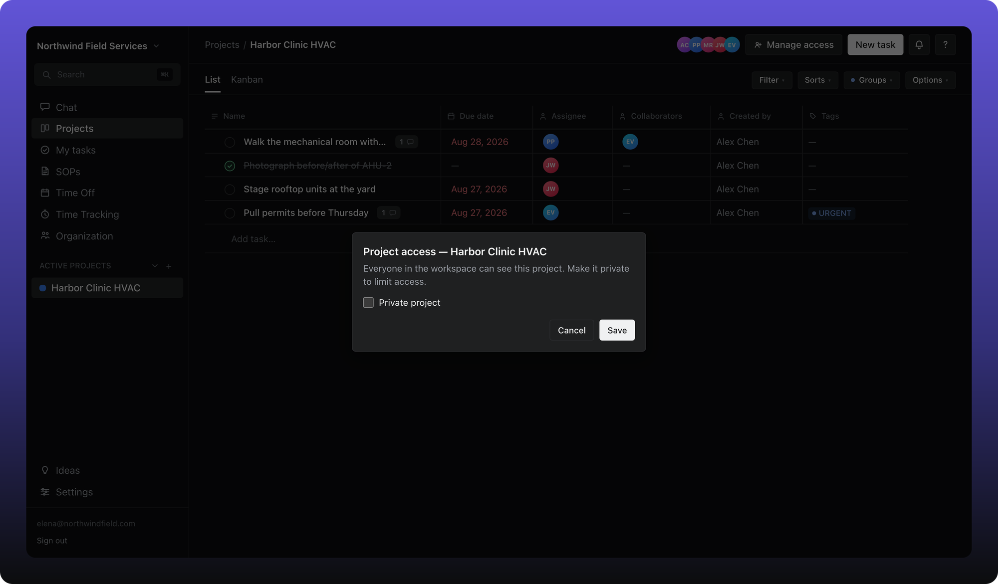 Project access dialog for a public project